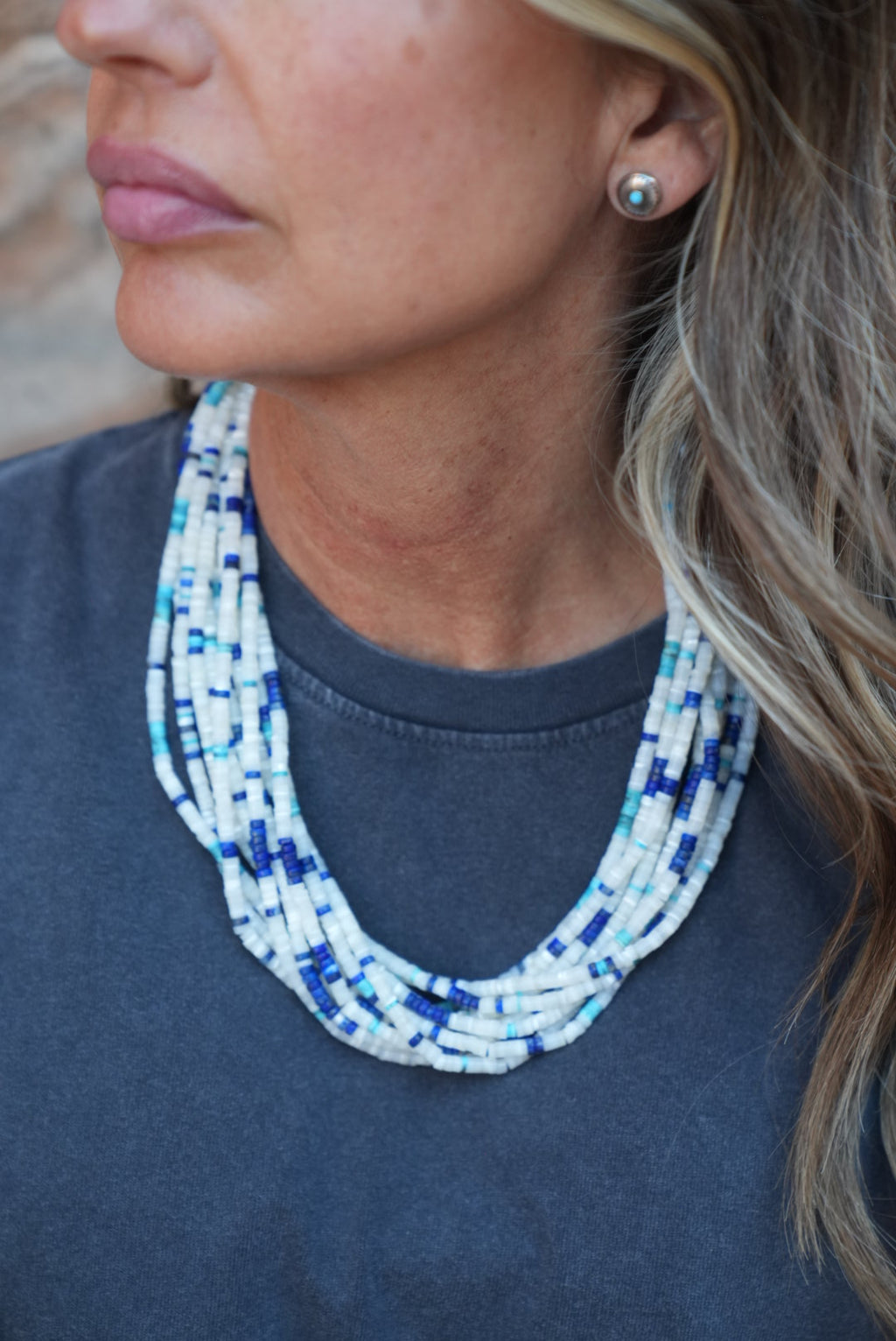 Authentic Native American Handmade Sterling Silver, Mother of Pearl,Lapis, and Kingman Turquoise ,Heishi Bead Necklace.