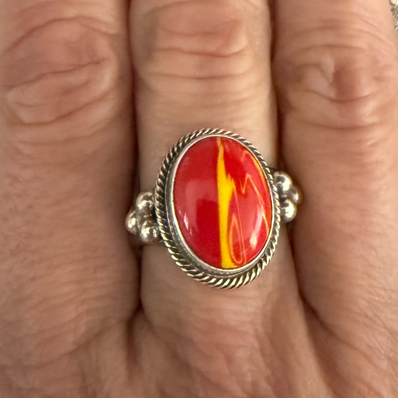 Authentic Native American Handmade Sterling Silver and Red and Yellow Rosarita size 9.