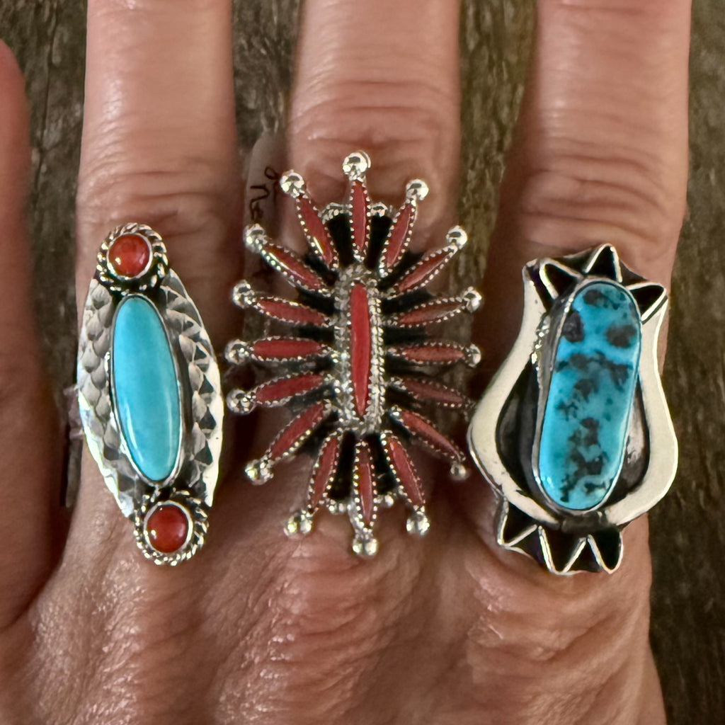 Authentic Native American Handmade Sterling Silver and Kingman Turquoise Nugget Ring Size 8.
