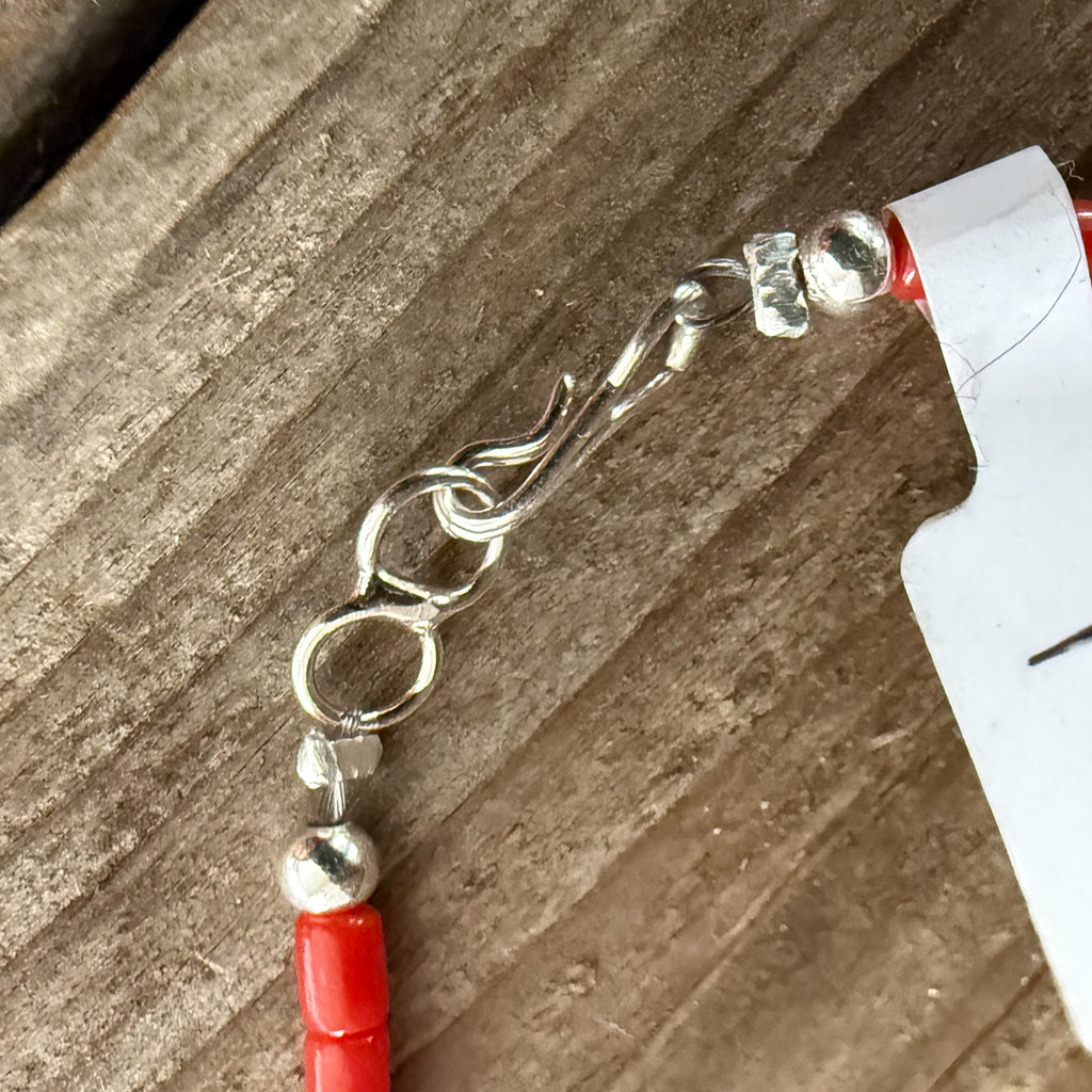 Authentic Native American Handmade Sterling Silver and Coral   Heishi Bead Bracelet size 7.25.