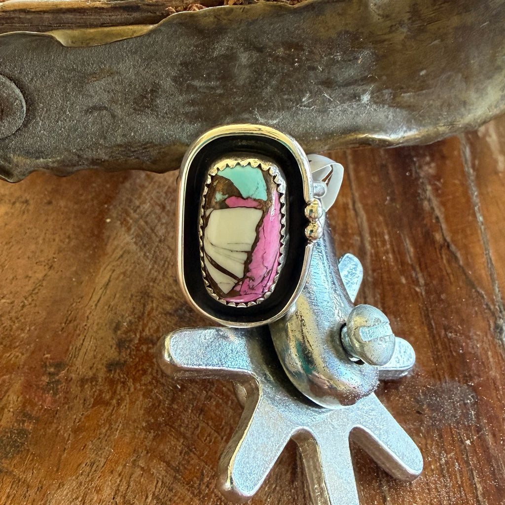 Authentic Native American Handmade Sterling Silver and Cotton Candy Ring size 7 1/4