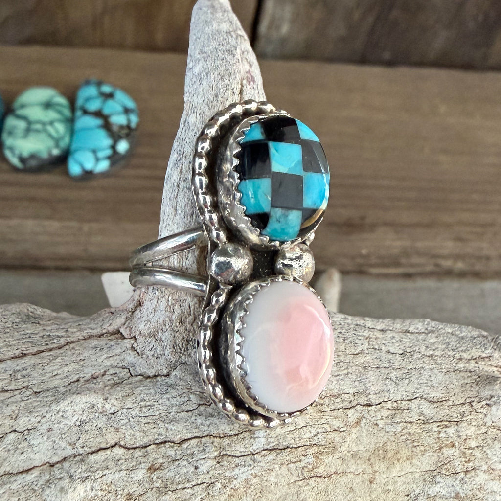 Authentic Native American Handmade Sterling Silver, Pink Conch, Black Onyx and Turquoise Ring size 6.