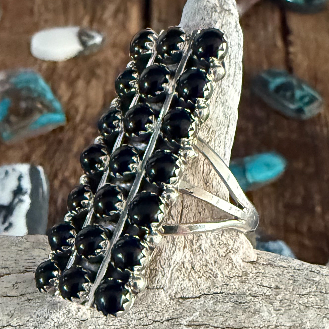 Authentic Native American Handmade Sterling Silver and Black Onyx Zuni Ring size 8 1/2.
