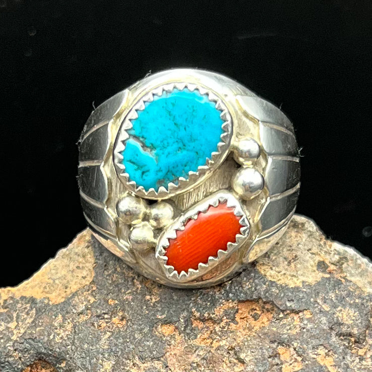 Men’s Authentic Native American Handmade Turquoise and Coral Sterling Silver Ring