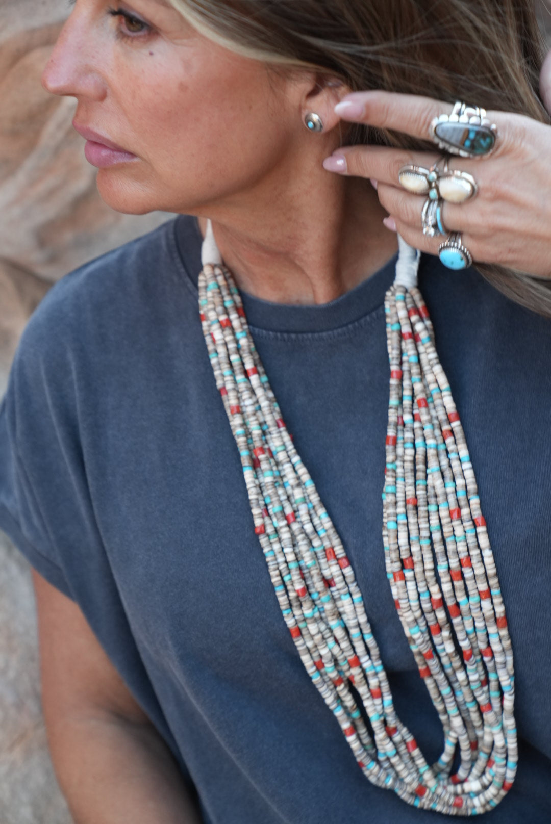 Native American Marquez Tachiini Handmade Olive Shell Heishi, Kingman,Mediterranean Coral Necklace