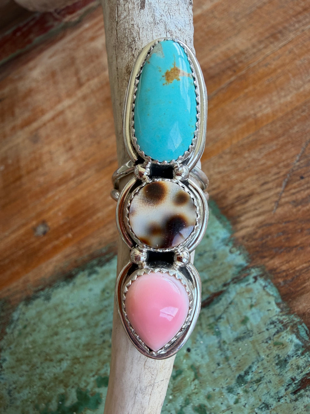 Native American Handmade Cowrie Shell-Conch-Turquoise Triple Stack Ring Size 7