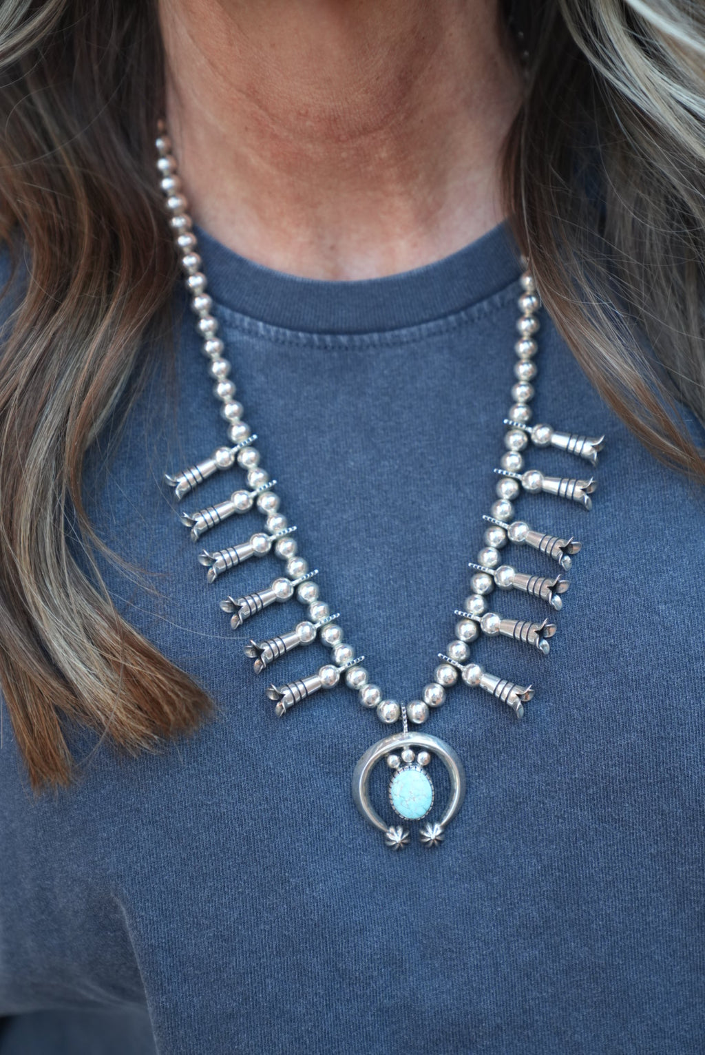 Native American Trent Lee Handmade Sterling Silver Number 8 Turquoise Squash Blossom with matching Earrings