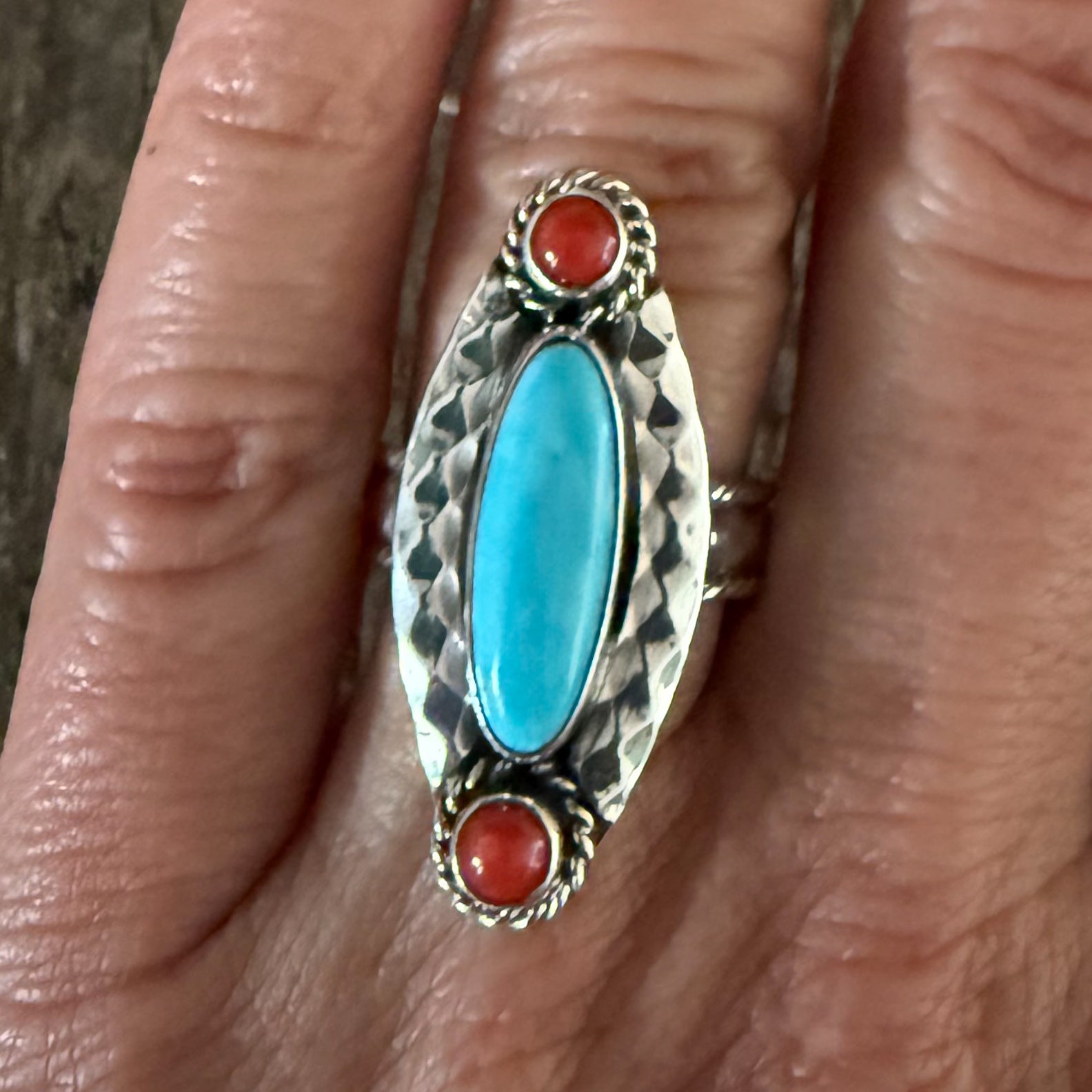Authentic Native American Handmade Sterling Silver Turquoise and Coral Ring Size 8.