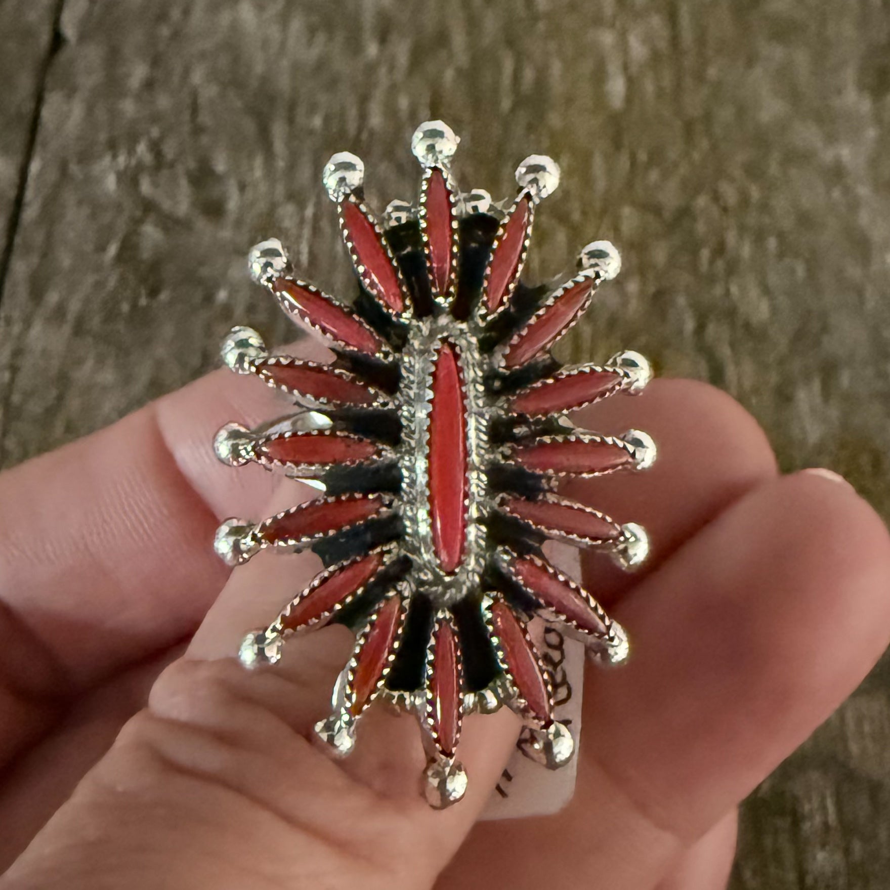 Authentic Native American Handmade Sterling Silver and Coral Zuni Needlepoint Ring size 8 3/4.