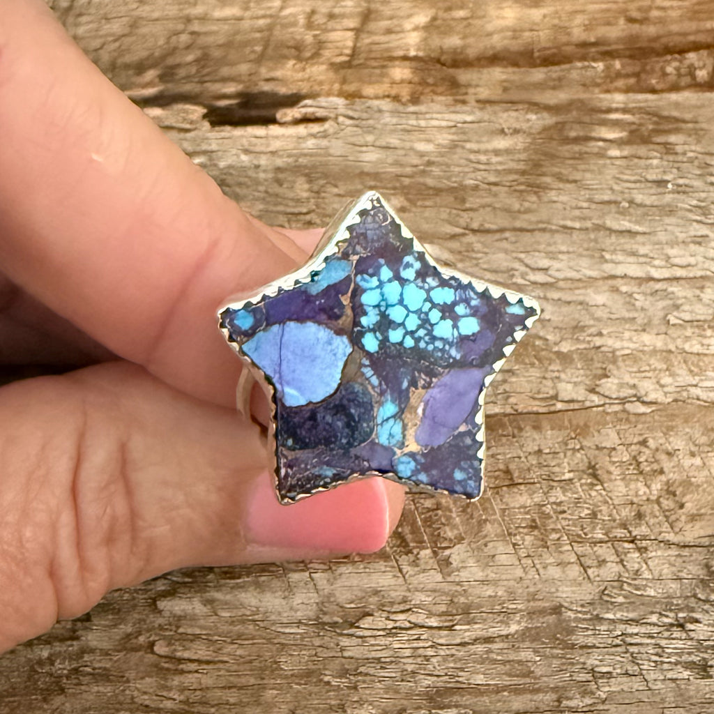 Authentic Native American Handmade Purple Mojave Turquoise Star Ring Size 10.