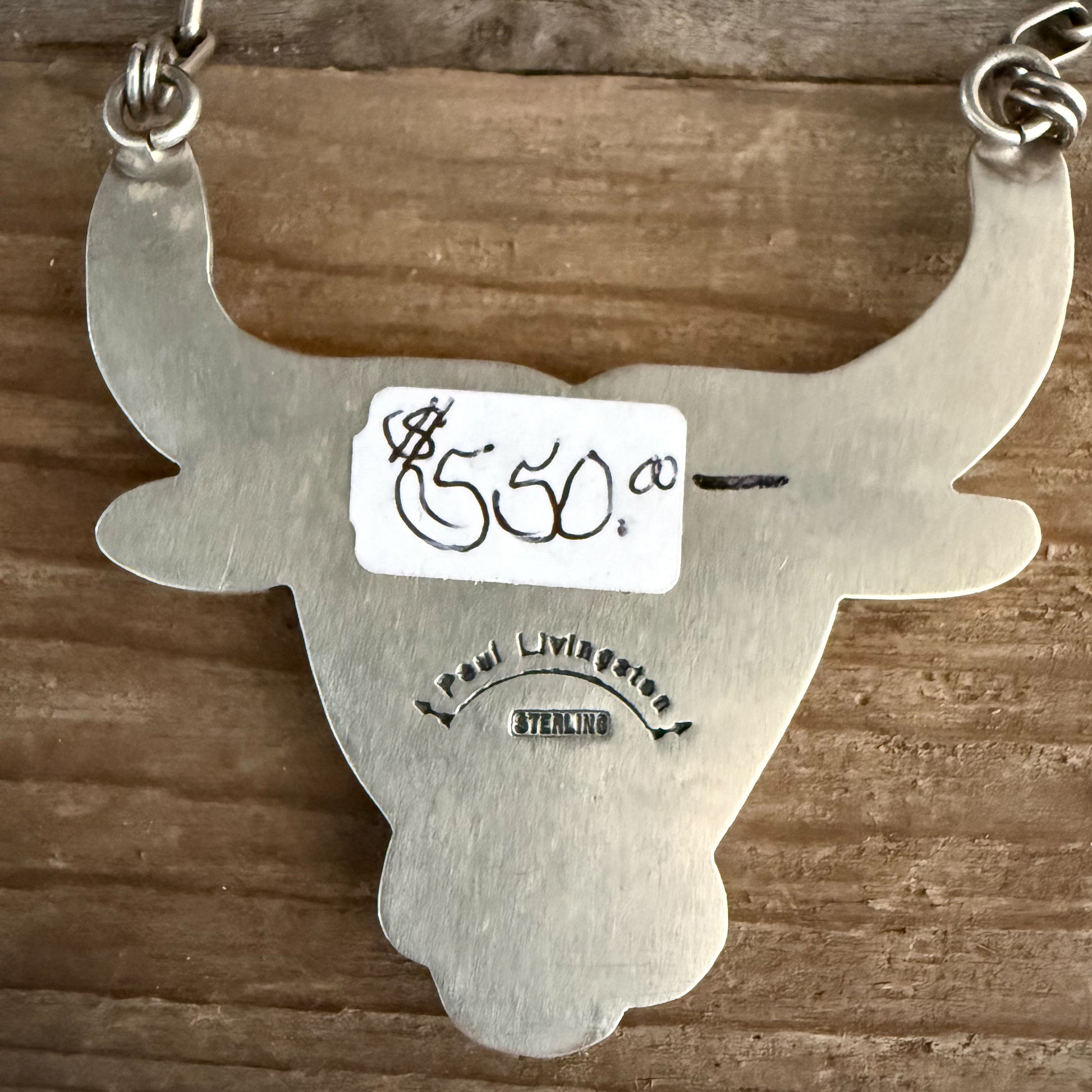 Authentic Native American Handmade Sterling Silver and Golden Hills Paper Clip Cow Necklace.