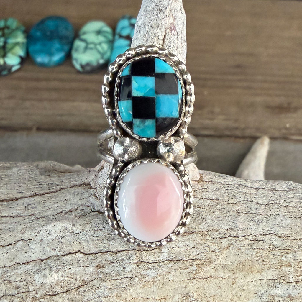 Authentic Native American Handmade Sterling Silver, Pink Conch, Black Onyx and Turquoise Ring size 6.