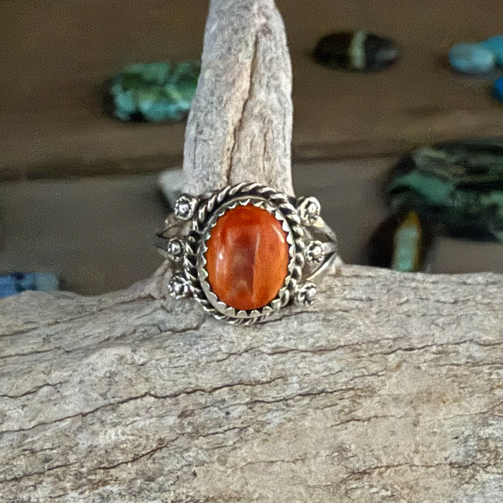 Authentic Native American Handmade Sterling Silver and Spiny Oyster Ring size 7.