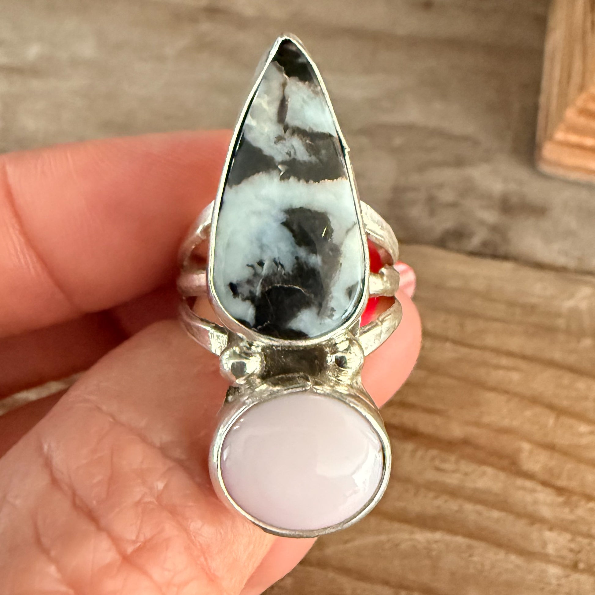 Authentic Native American Handmade Sterling Silver, Pink Conch Shell, and Zebra Stone Ring size 7 1/2.