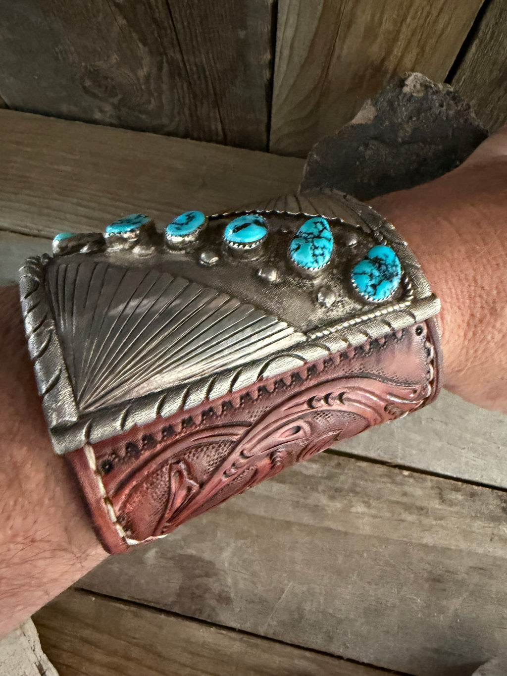 Native American Vintage Handmade Mens Leather- Sterling Silver Cuff Sleeping Beauty Turquoise