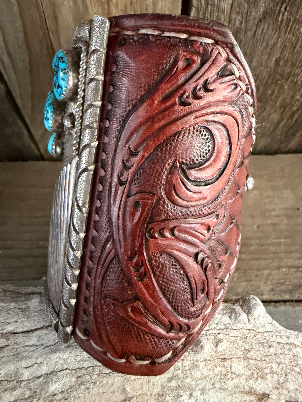 Native American Vintage Handmade Mens Leather- Sterling Silver Cuff Sleeping Beauty Turquoise