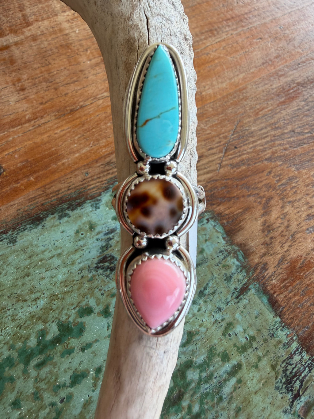 Native American Handmade Cowrie Shell-Conch-Turquoise Triple Stack Ring Size 7.75
