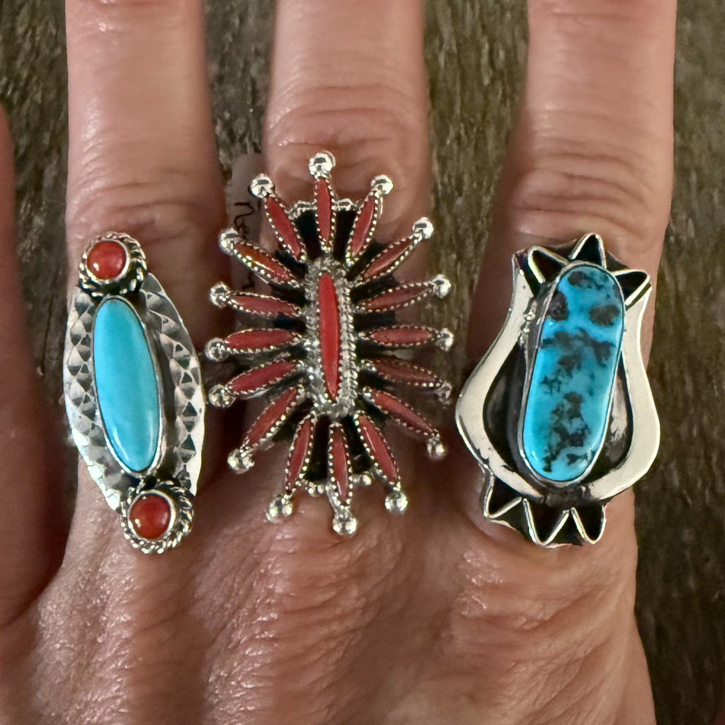 Authentic Native American Handmade Sterling Silver Turquoise and Coral Ring Size 8.