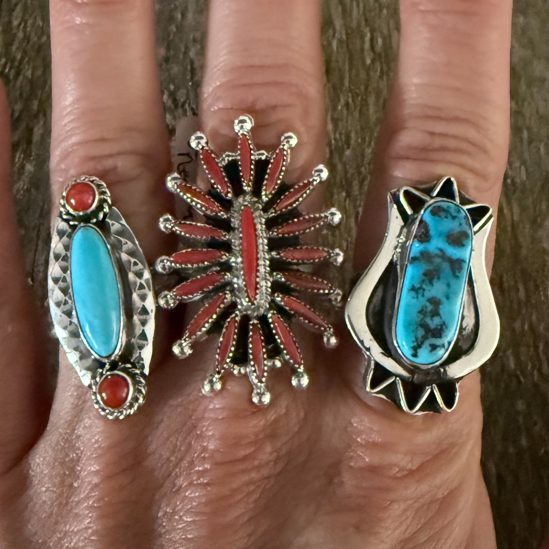 Authentic Native American Handmade Sterling Silver Turquoise and Coral Ring Size 8.
