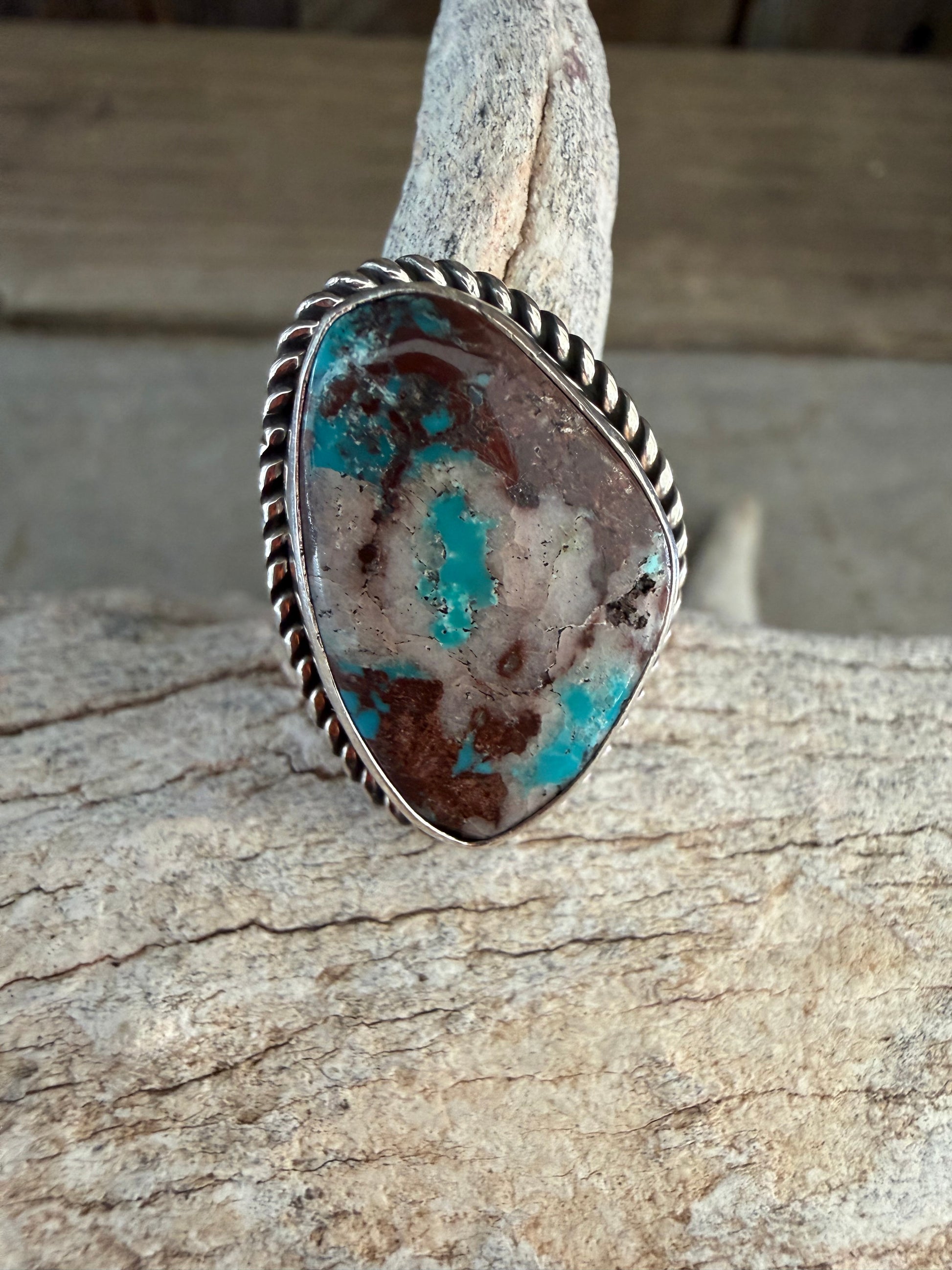 Native American 🇺🇸 Albert Jake Handmade Sterling Silver-Bisbee Turquoise Ring Size 7
