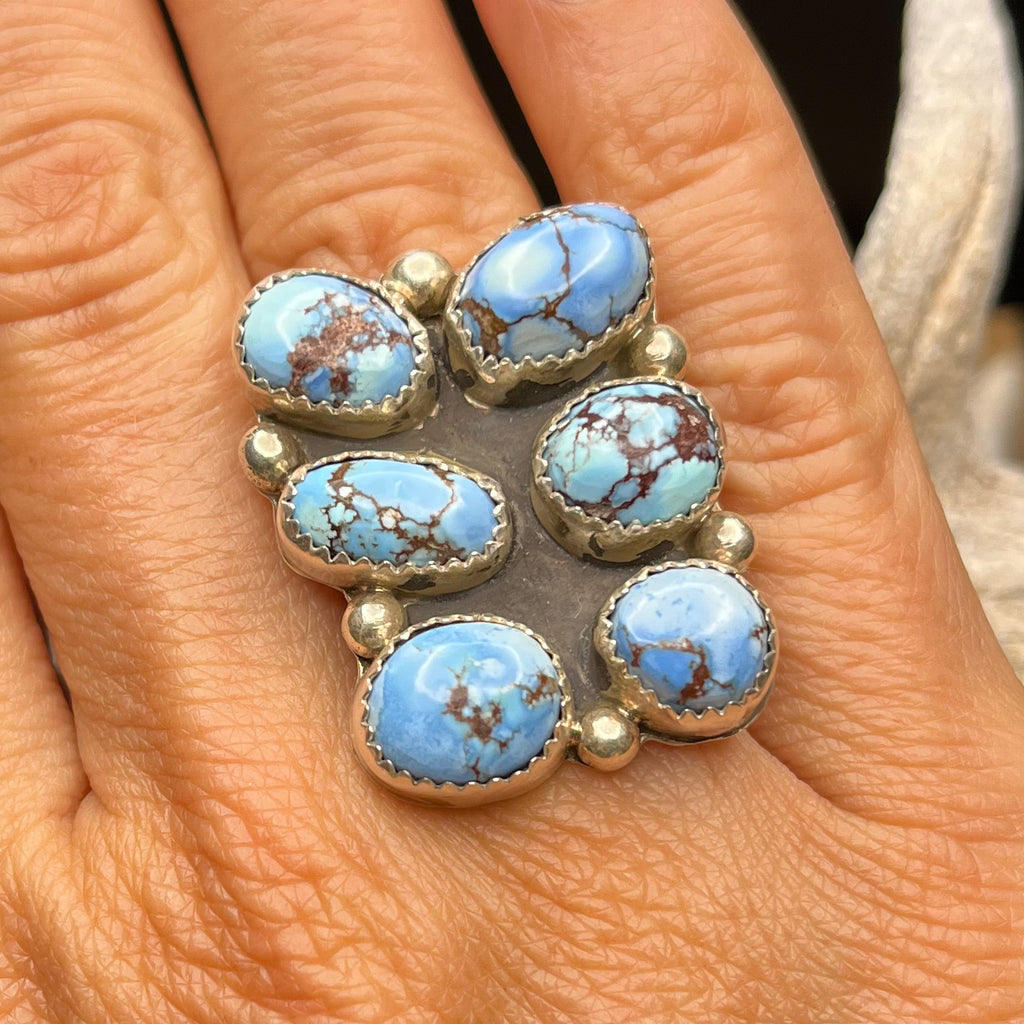 Authentic Native American Handmade Sterling Silver Golden Hills Turquoise Cluster Ring Size 6 1/2.