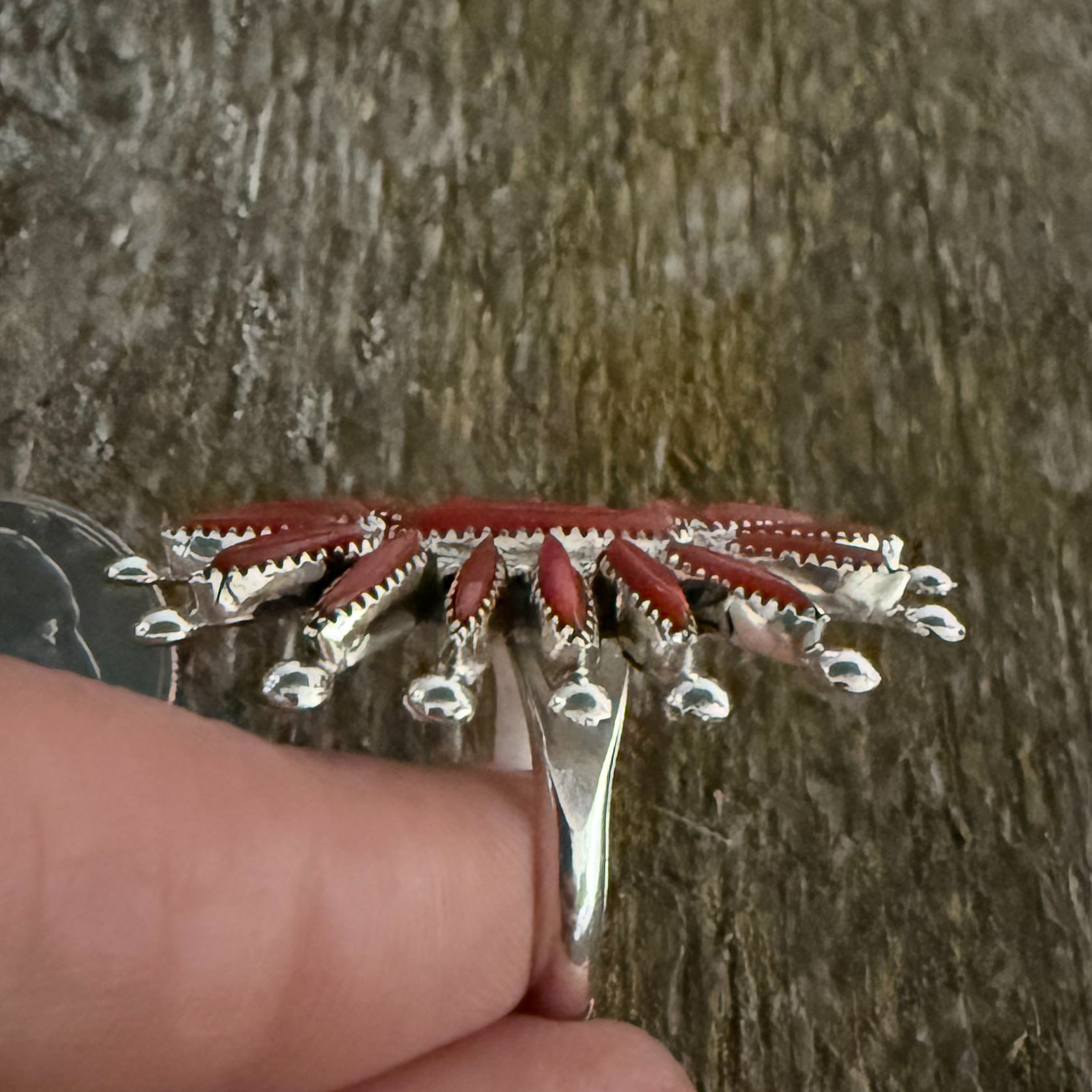 Authentic Native American Handmade Sterling Silver and Coral Zuni Needlepoint Ring size 8 3/4.