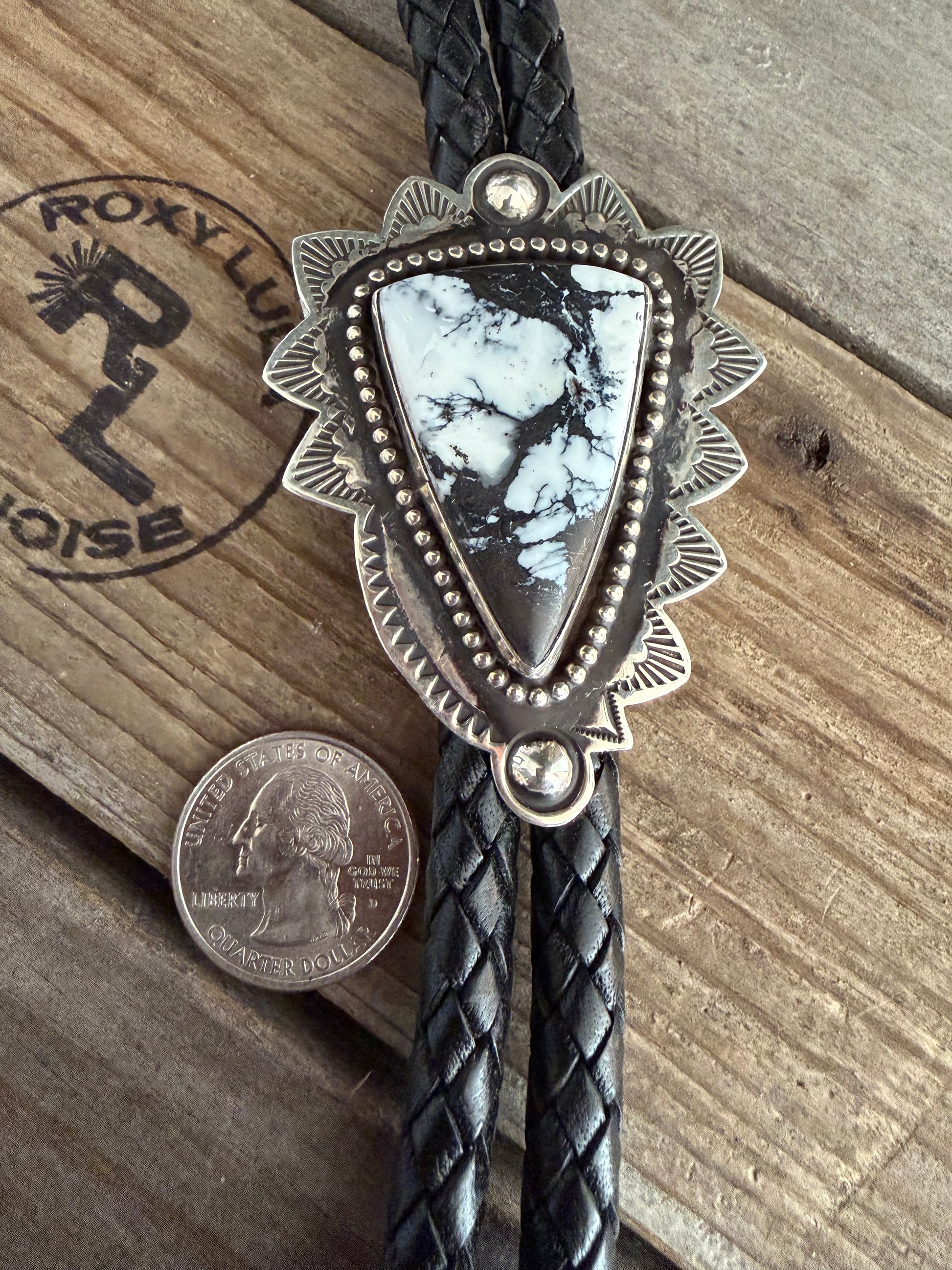 Native American Randy Begay Handmade White Buffalo Sterling  Silver Stamped 12MM Thick Leather Large Sterling Tips