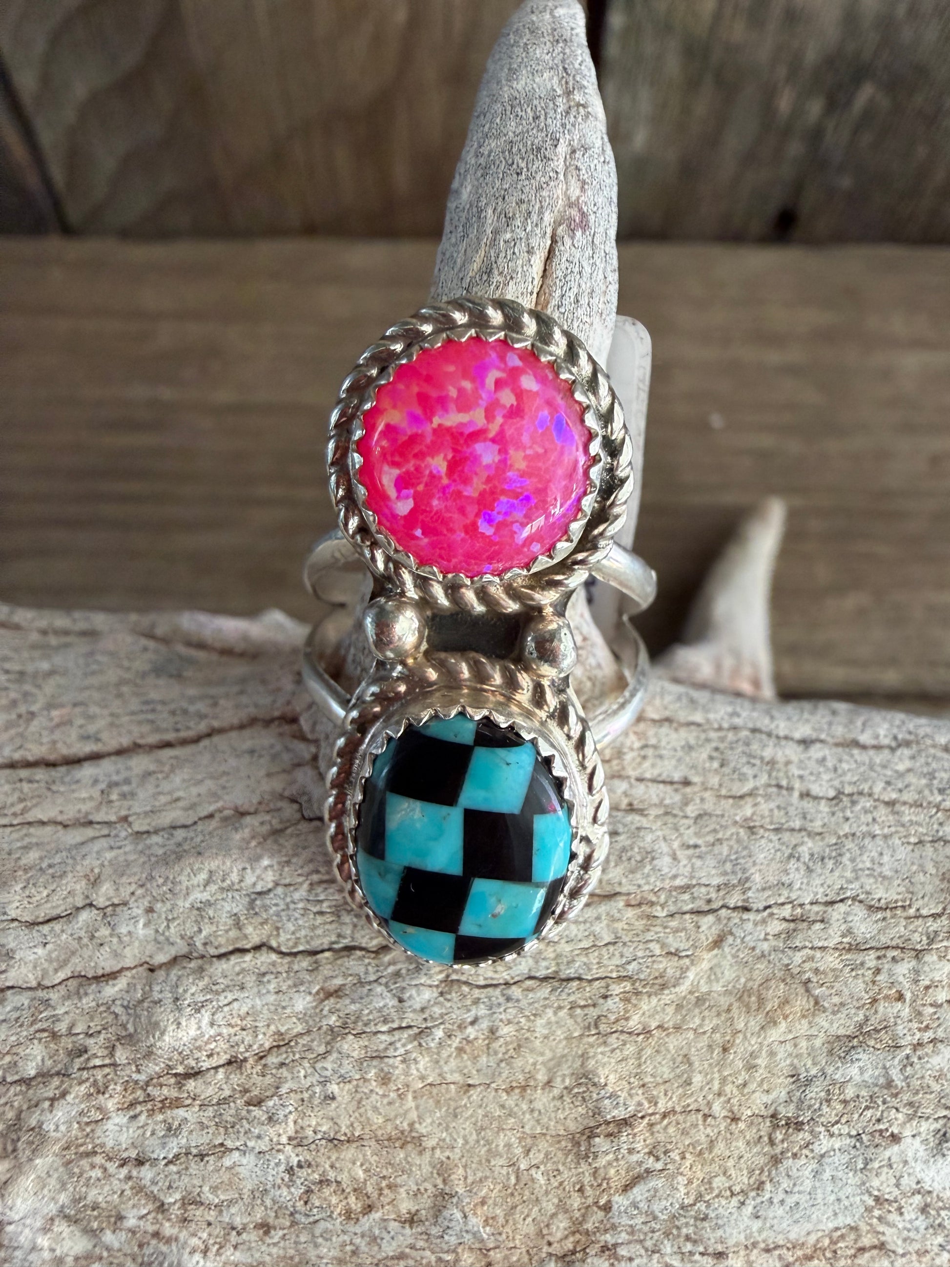 Native American Herbert Tsosie Handmade Pink Opal Ring-Sterling Silver Ring Size 8.25