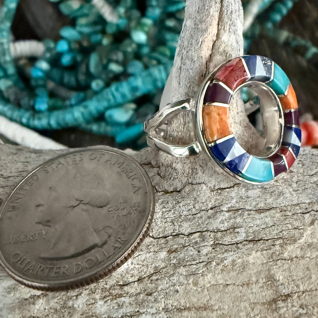 Authentic Native American Handmade Sterling Silver Zuni Inlay Ring by Calvin Begay size 7 3/4.