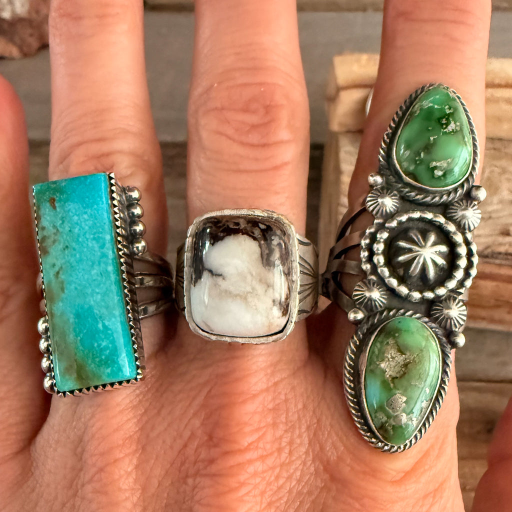 Authentic Native American Handmade Sterling Silver and Sonoran Gold Turquoise Double Stack Ring size 8 1/2.