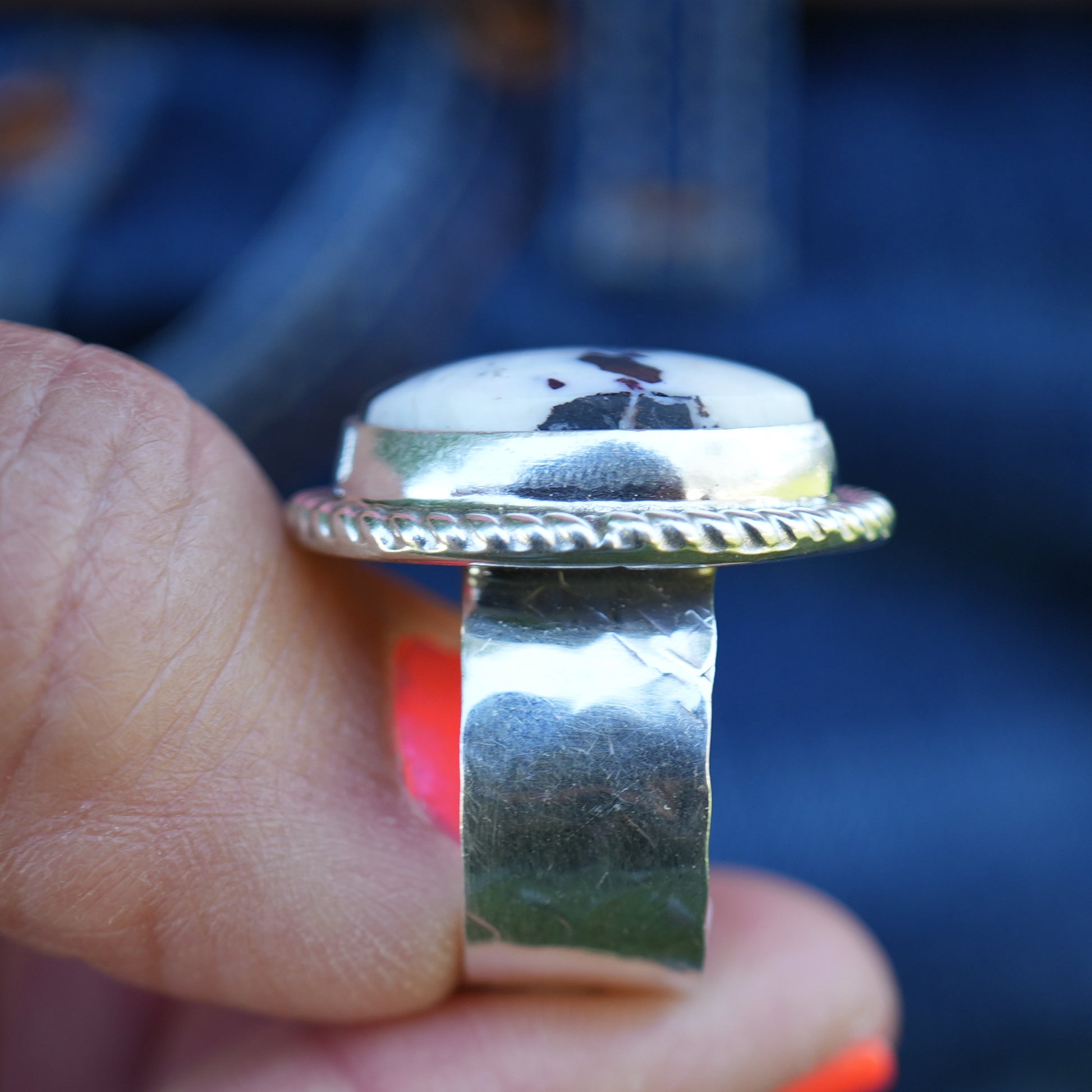 Authentic Native American Handmade Sterling Silver and White Buffalo Ring size 6 1/2.