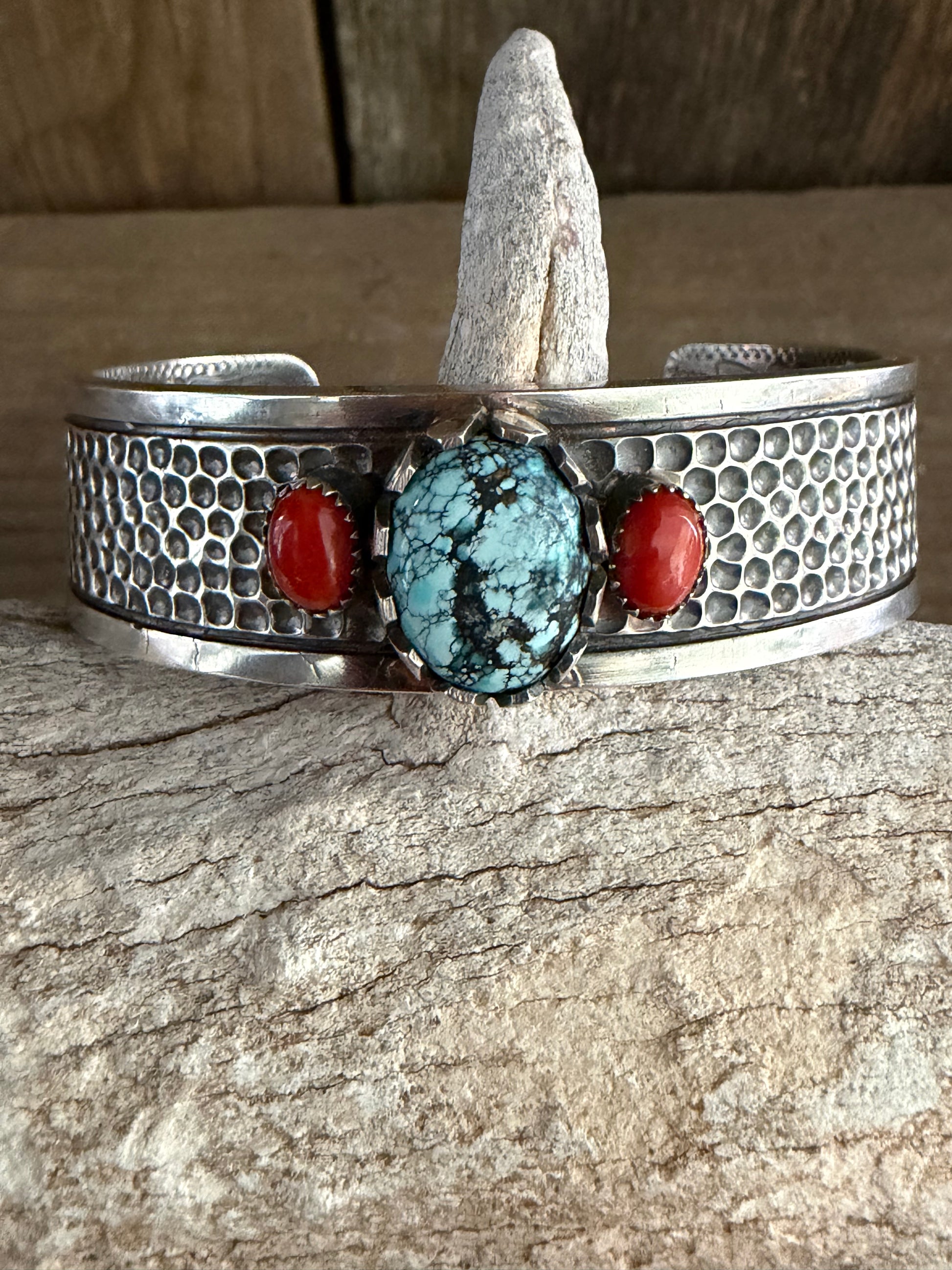 Handmade Sterling Silver Blue Moon Turquoise and Coral Women’s Bracelet/Cuff (non-native) by TV Custom Silver