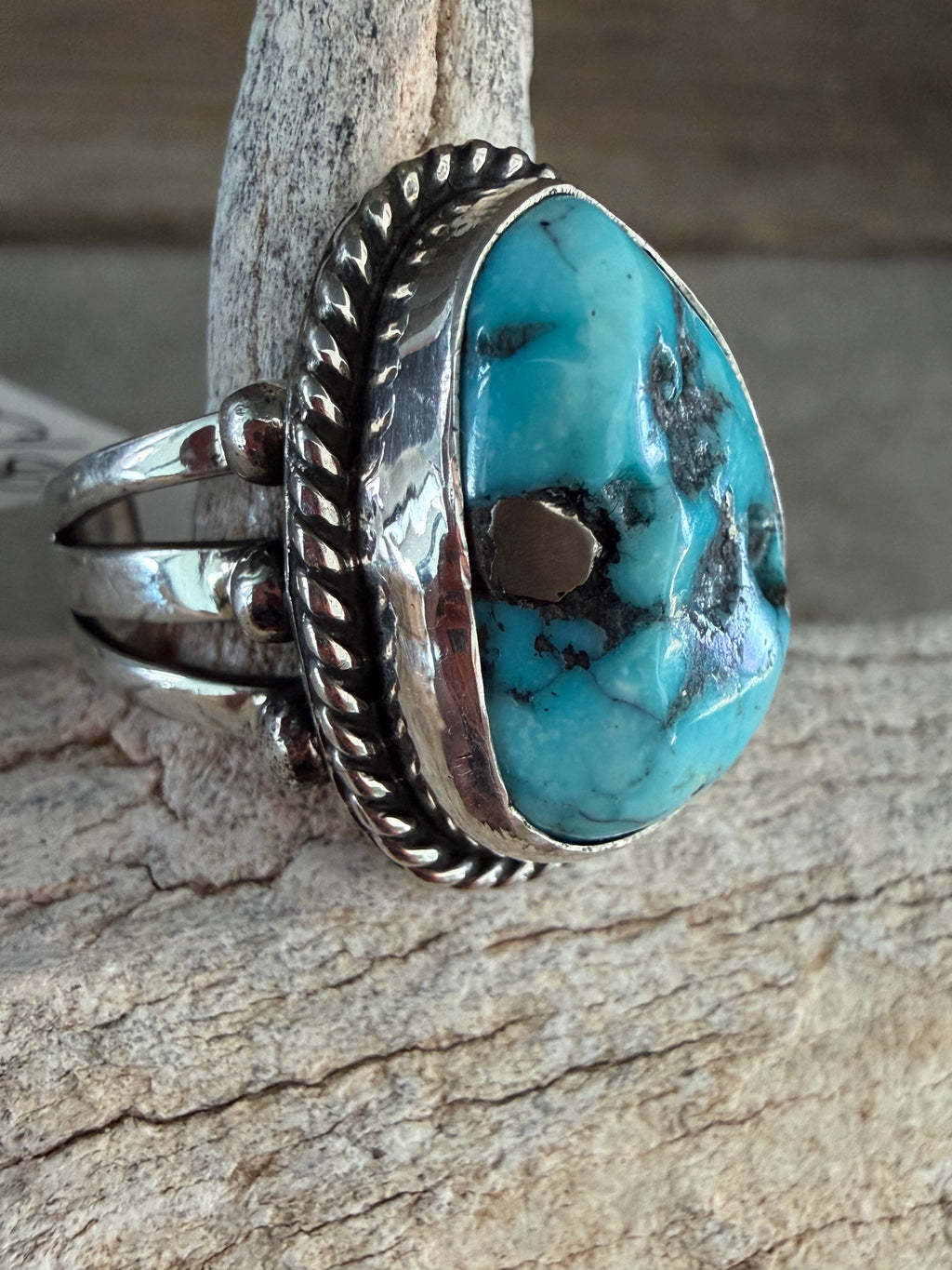 Native American 🇺🇸 Linda Yazzie Handmade Sterling Silver-Whitewater Turquoise w/Pyrite Size 9
