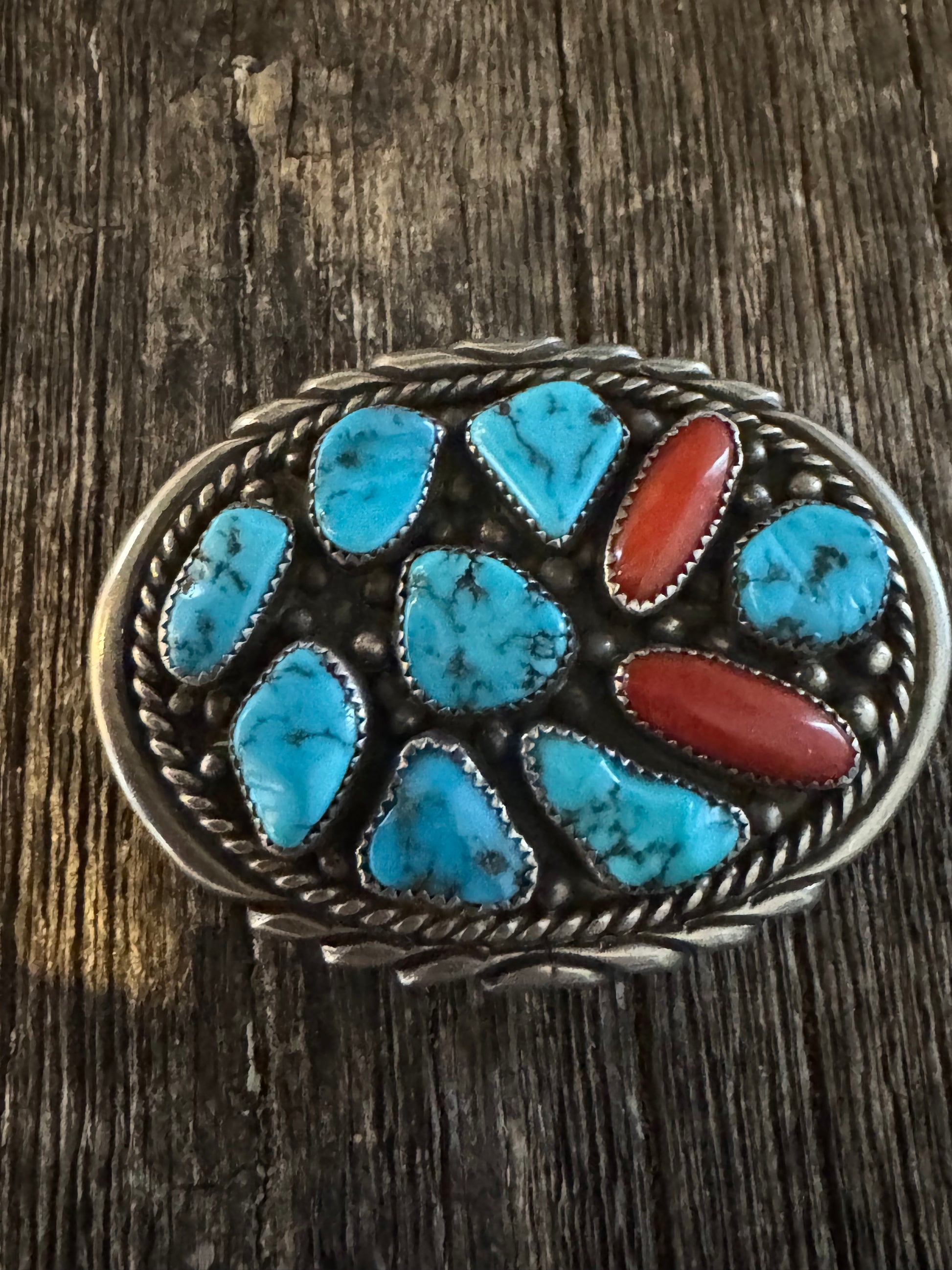 Vintage 1970 Kingman-Coral Turquoise Belt Buckle