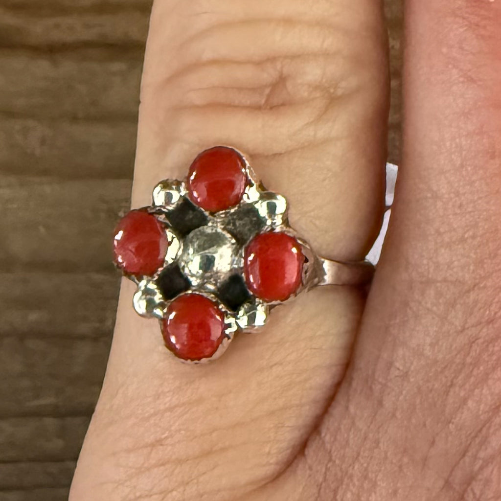 Authentic Native American Handmade Sterling Silver and Coral Floral Ring size 4 1/2.