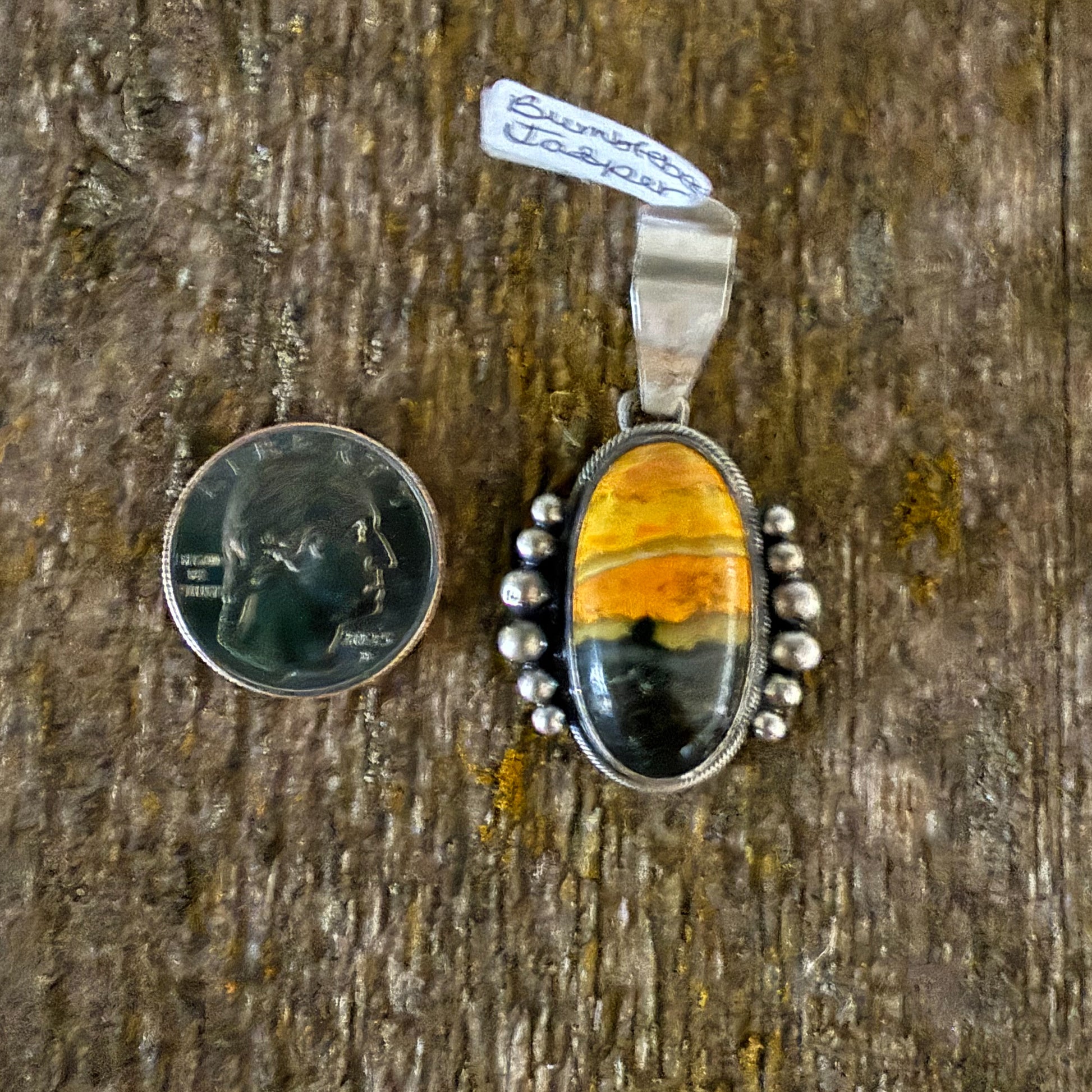 Authentic Native American Handmade Sterling Silver and Bumblebee Jasper Pendant.