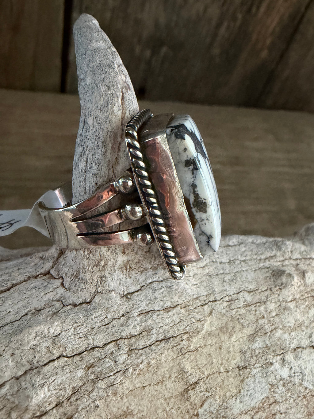 Native American Linda Yazzie Handmade White Buffalo Sterling Silver Size 6.75 Custom Ring