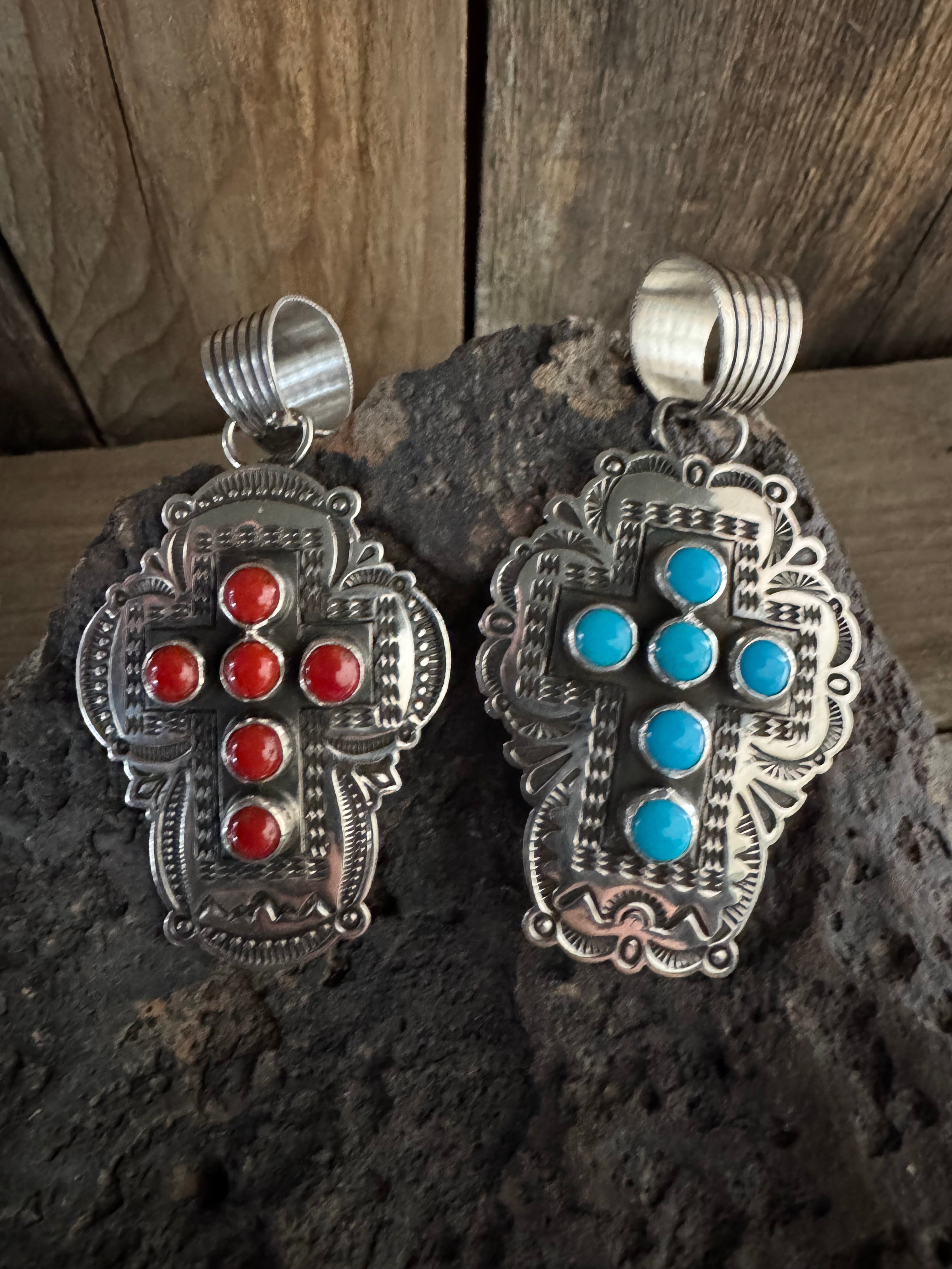 Copy) Albert Jake Handmade Sterling Silver Coral Cross Pendant