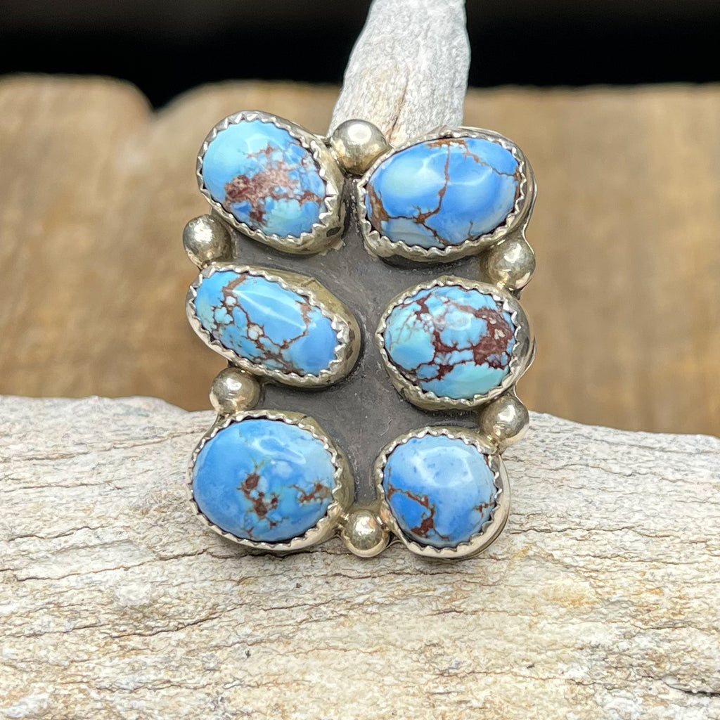 Authentic Native American Handmade Sterling Silver Golden Hills Turquoise Cluster Ring Size 6 1/2.