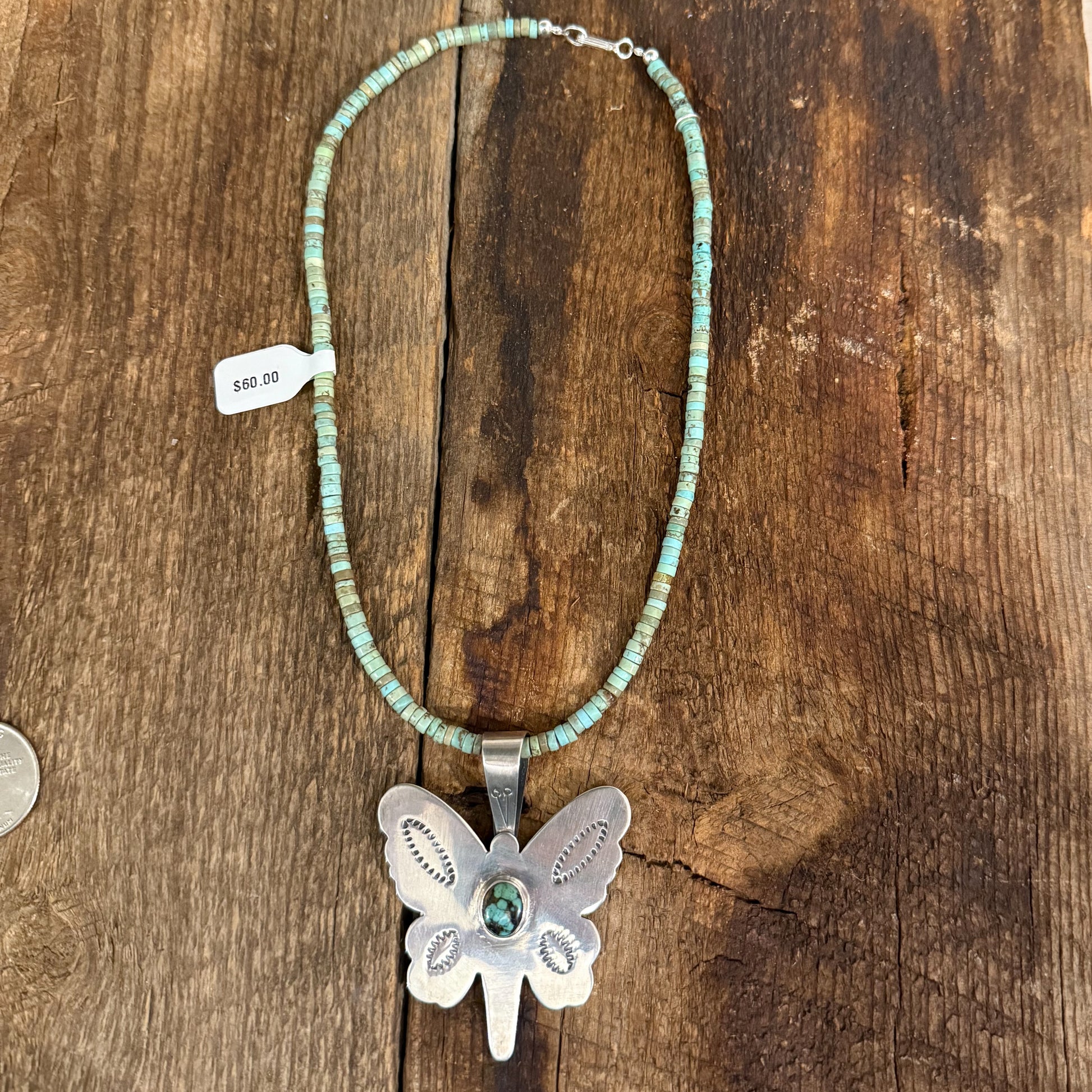 Authentic Native American Handmade Sterling Silver and Turquoise Butterfly Pendant