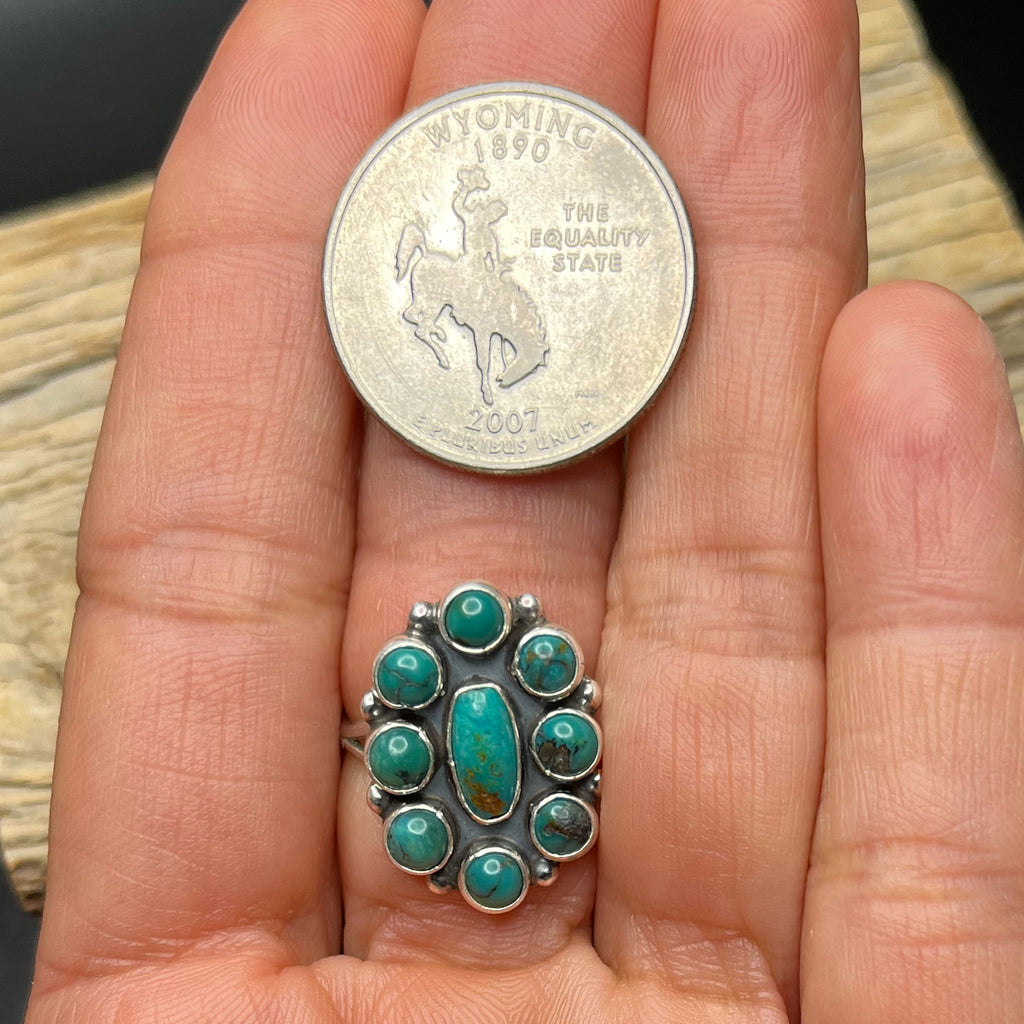Authentic Native American Handmade Sterling Silver Turquoise Flower Cluster Ring Size 8 1/4.
