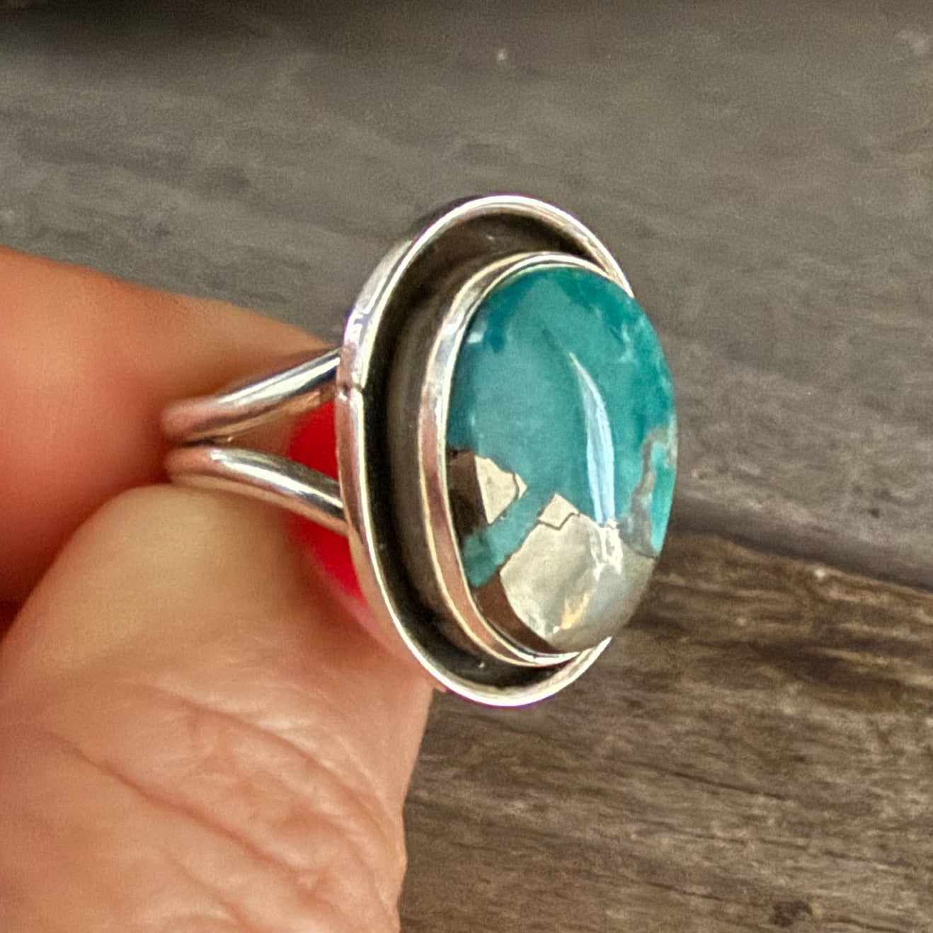 Authentic Native American Handmade Sterling Silver and Candelaria Hills Variscite with Pyrite inclusion size 7 1/2.