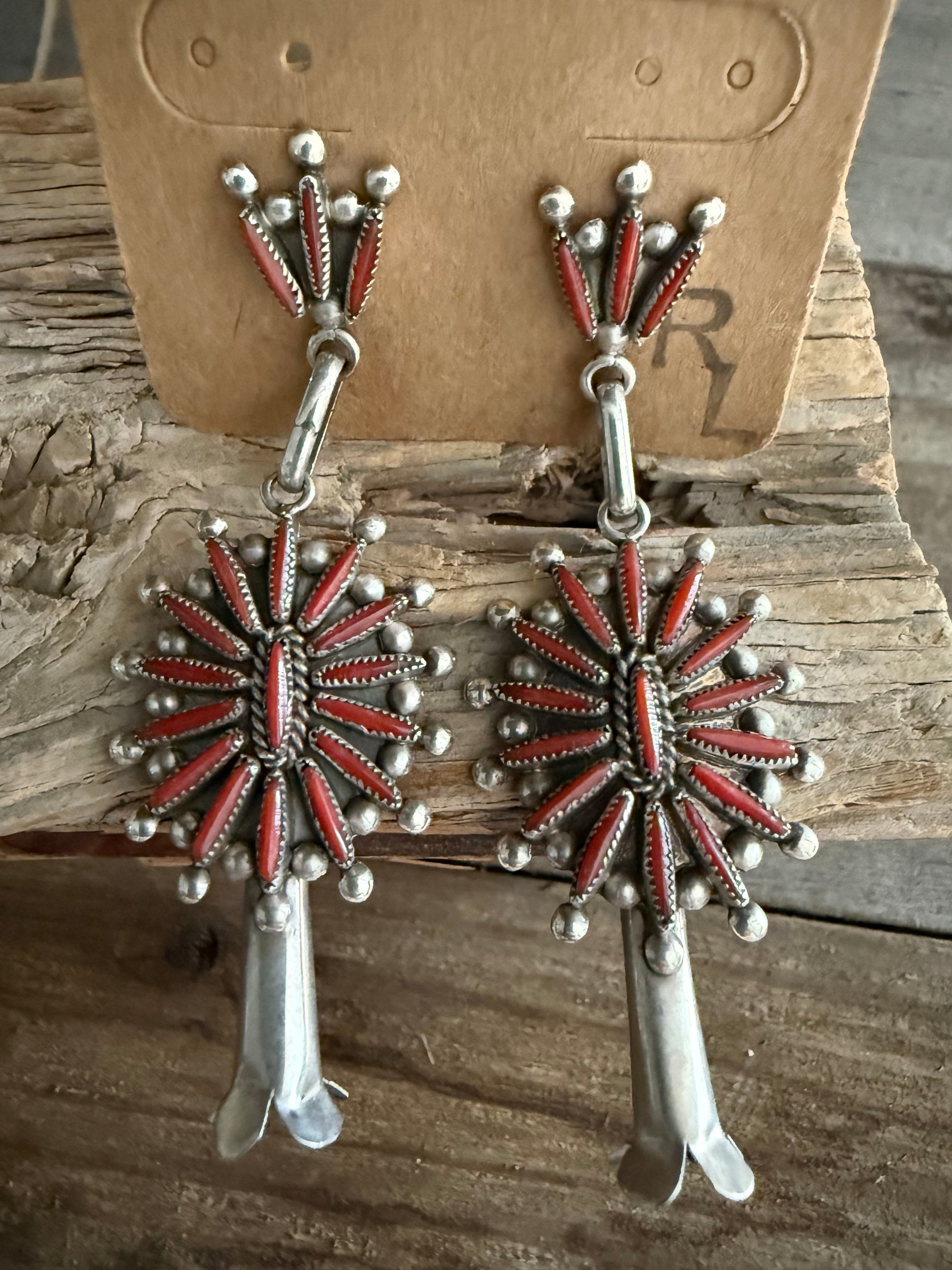 Authentic Native American Handmade Coral Zuni Needlepoint Stud Dangling Earrings