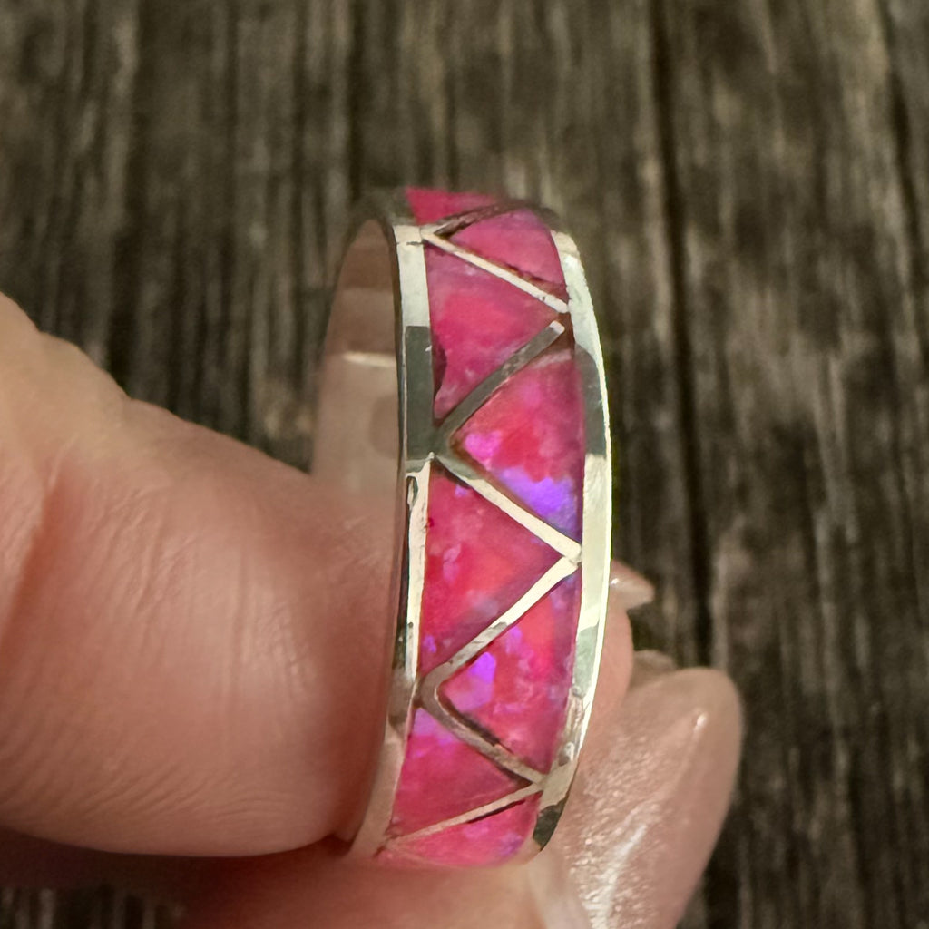 Authentic Native American Handmade Sterling Silver and Hot Pink Opal Inlay Ring size 101/4.