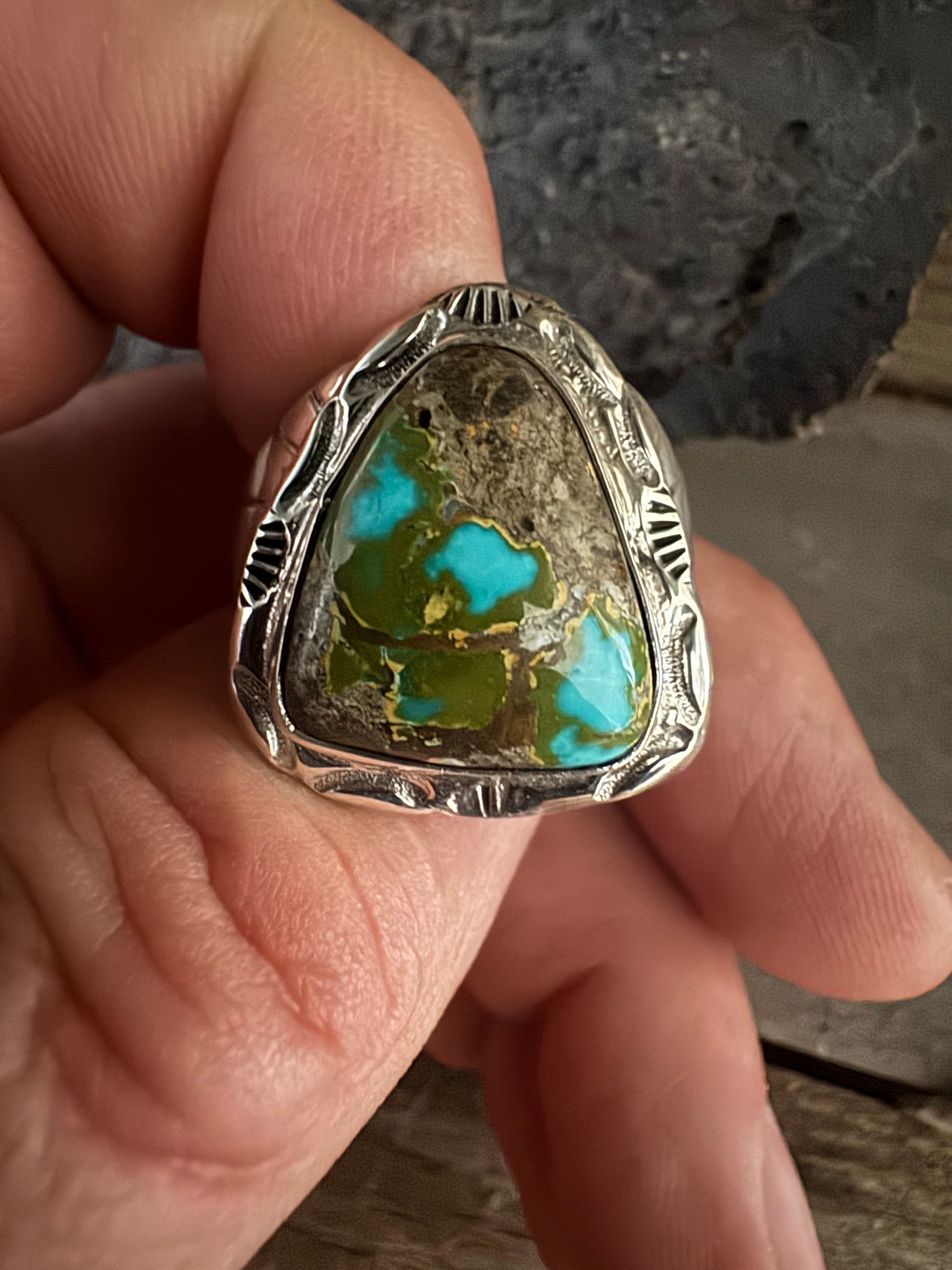 Handmade Sterling Silver Thunderbird, Turquoise Ring Size 13.5