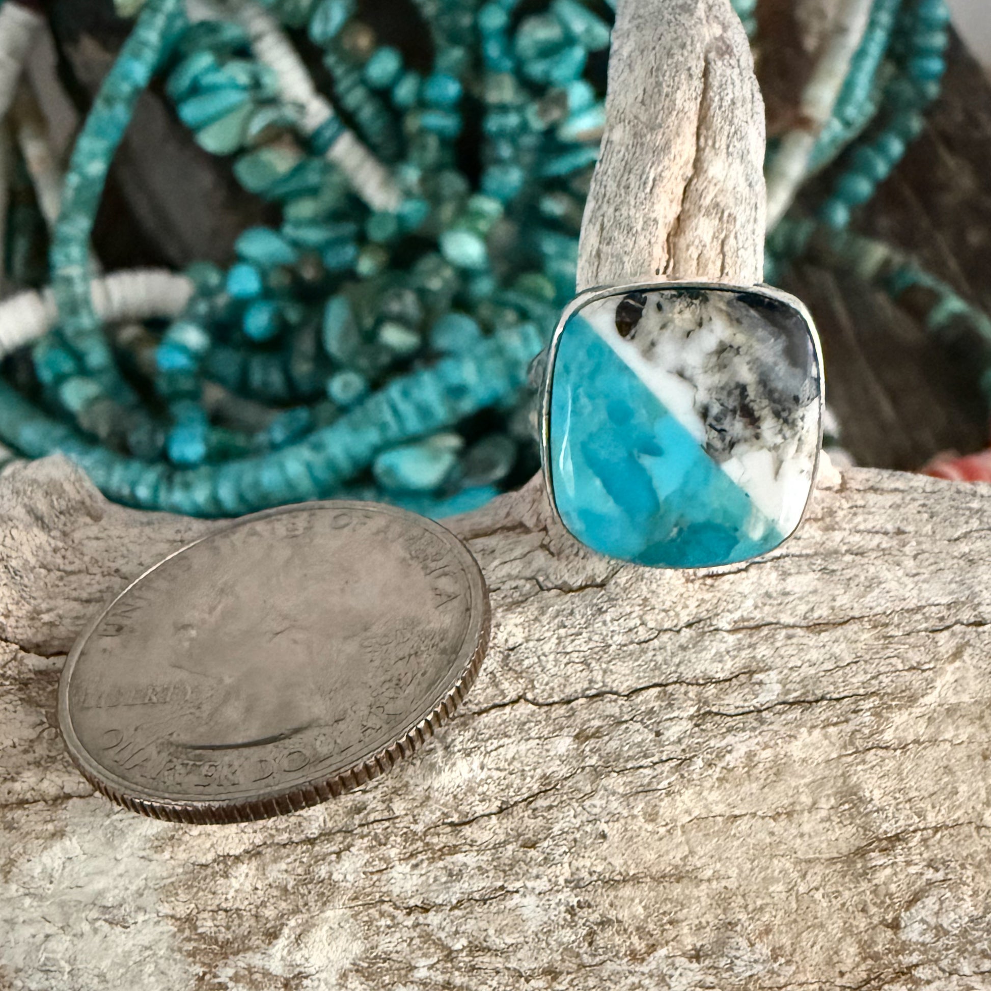 Authentic Native American Handmade Sterling Silver, Turquoise and White Buffalo Ring size 4 3/4.