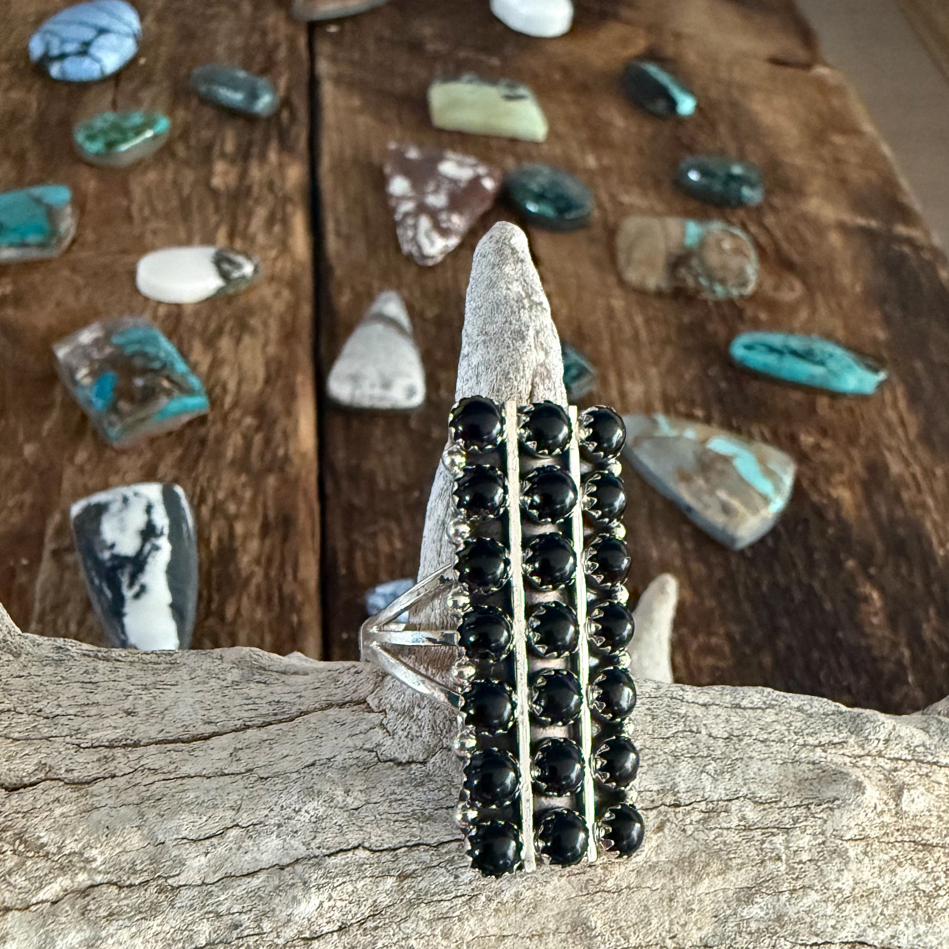 Authentic Native American Handmade Sterling Silver and Black Onyx Zuni Ring size 8 1/2.