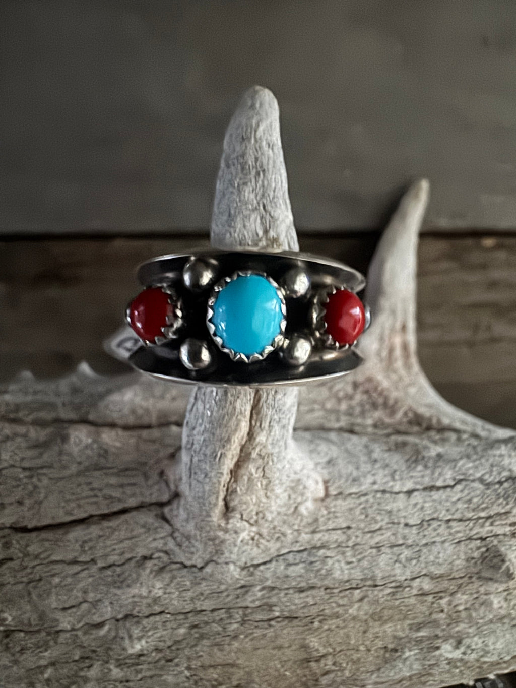 Handmade Turquoise-Coral Custom Silver Ring Size 11