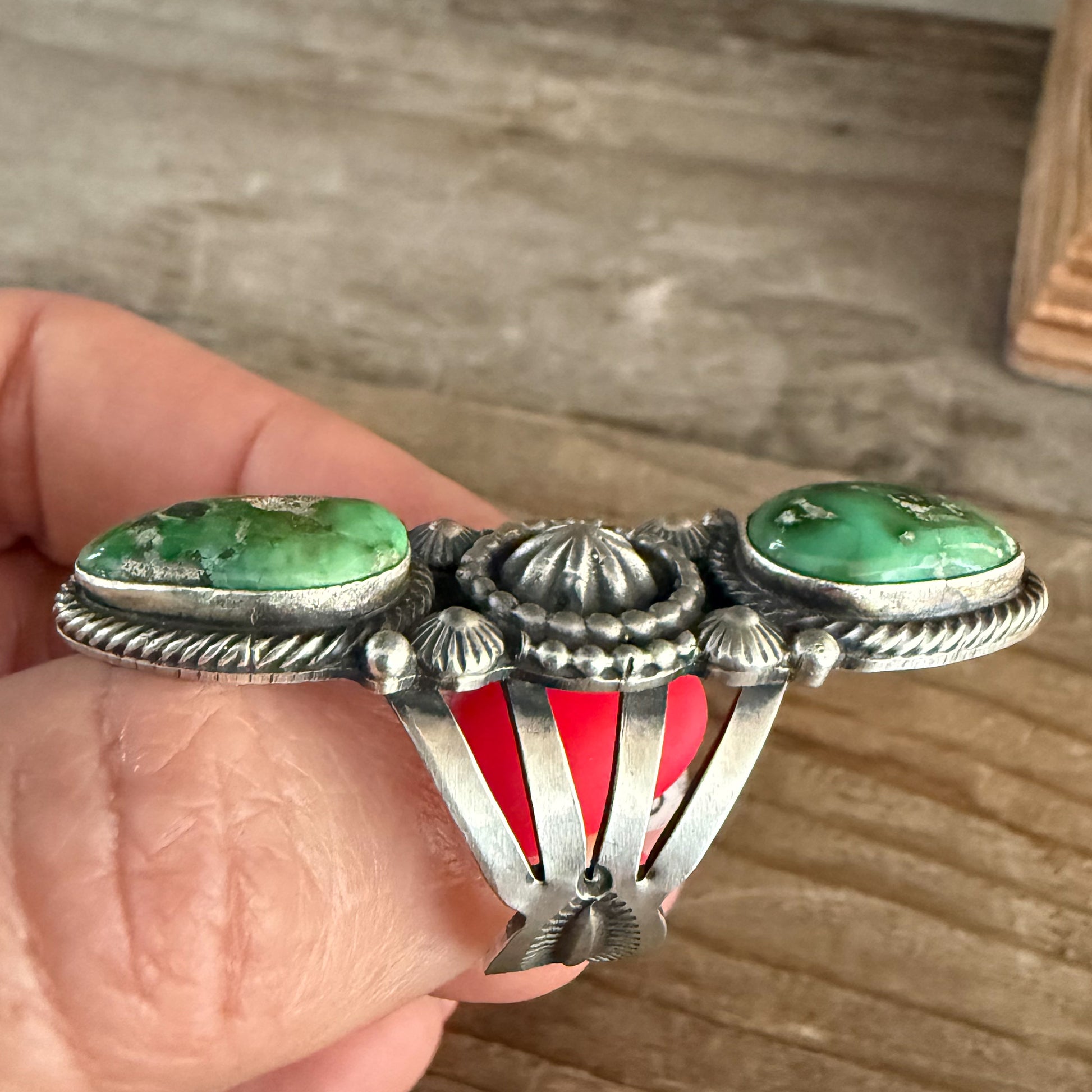 Authentic Native American Handmade Sterling Silver and Sonoran Gold Turquoise Double Stack Ring size 8 1/2.