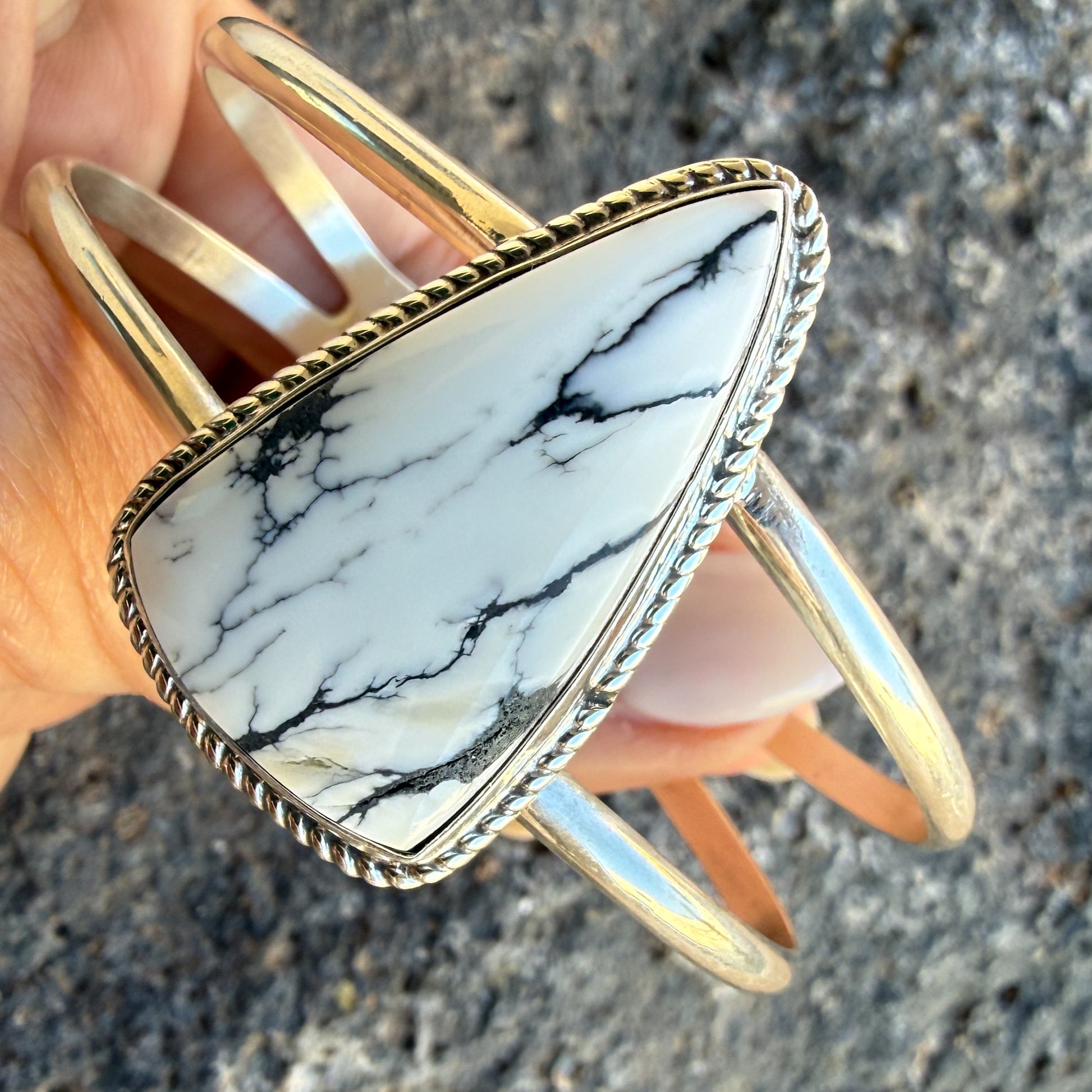 Authentic Native American Handmade Sterling Silver and White Buffalo Cuff Bracelet